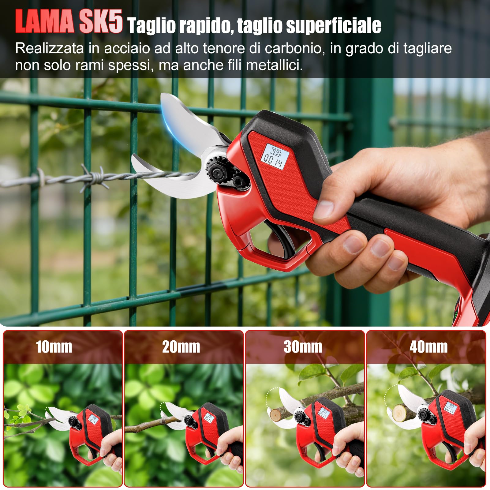 Cesoie elettriche senza fili 40 mm, cesoie professionali a batteria con 2 batterie ​ 1500 mAh e motore brushless ​ 600 W, forbici elettriche con display LCD, per alberi e alberi ​ frutto