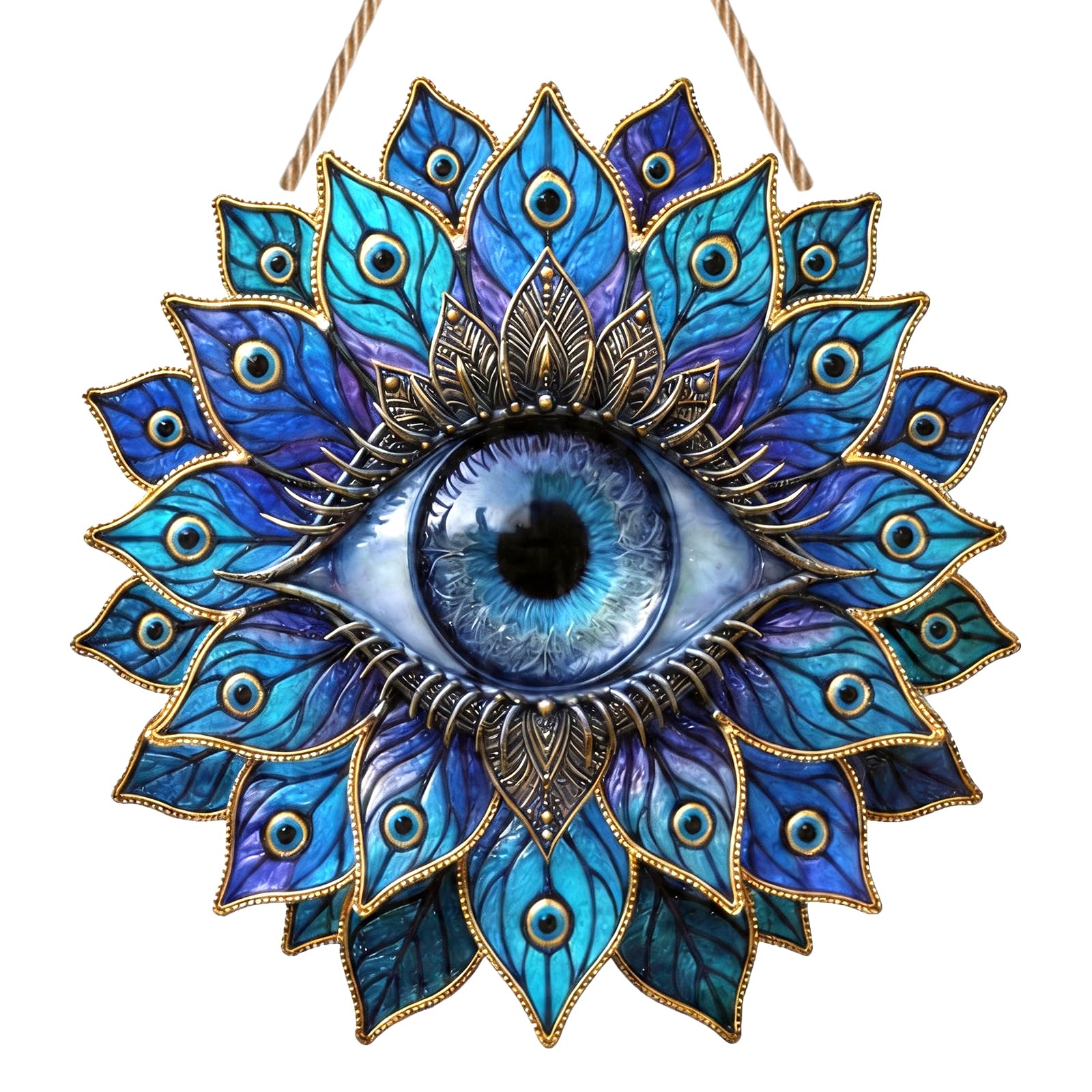 Evil Eye Suncatcher, Blue Evil Eye Ornament with Peacock Feathers Design, Acrylic Stained Glass Style Sun Catcher for Windows, Hanging Garden Ornaments Outdoor Indoor, Mystic Home Decor Gift