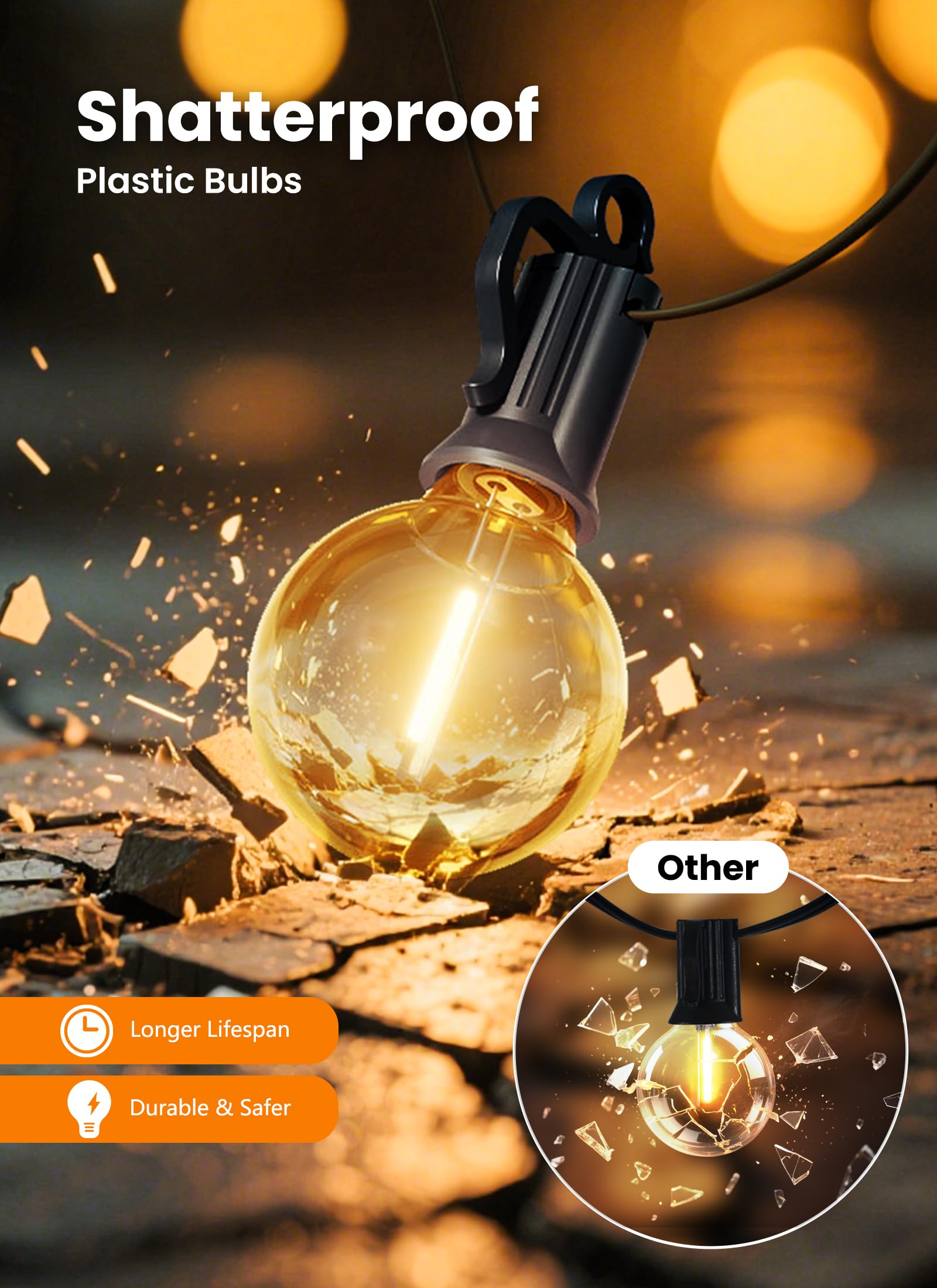 Außenlichterkette für Terrasse, 30 m, 52 LEDs, wasserdicht, anschließbar, bruchsicher, hängende Außenlichterkette für Hinterhof, Veranda, Deck, Balkon, Garten, Hausdekoration, 2200 K