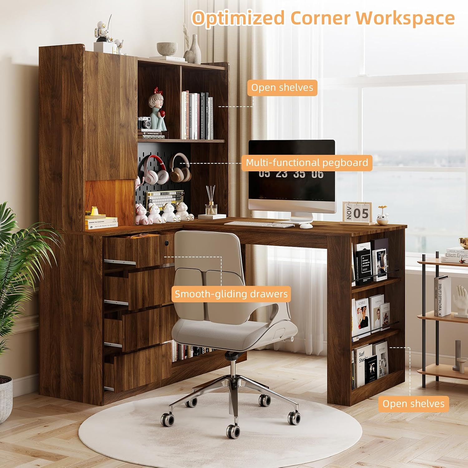 Zevemomo L Shaped Desk with Hutch and 4 Drawers, Computer Desk with USB Ports, Power Outlets & LED Light, Wood Corner Computer Desks with Storage Shelves for Home Office, Brown, Right Long