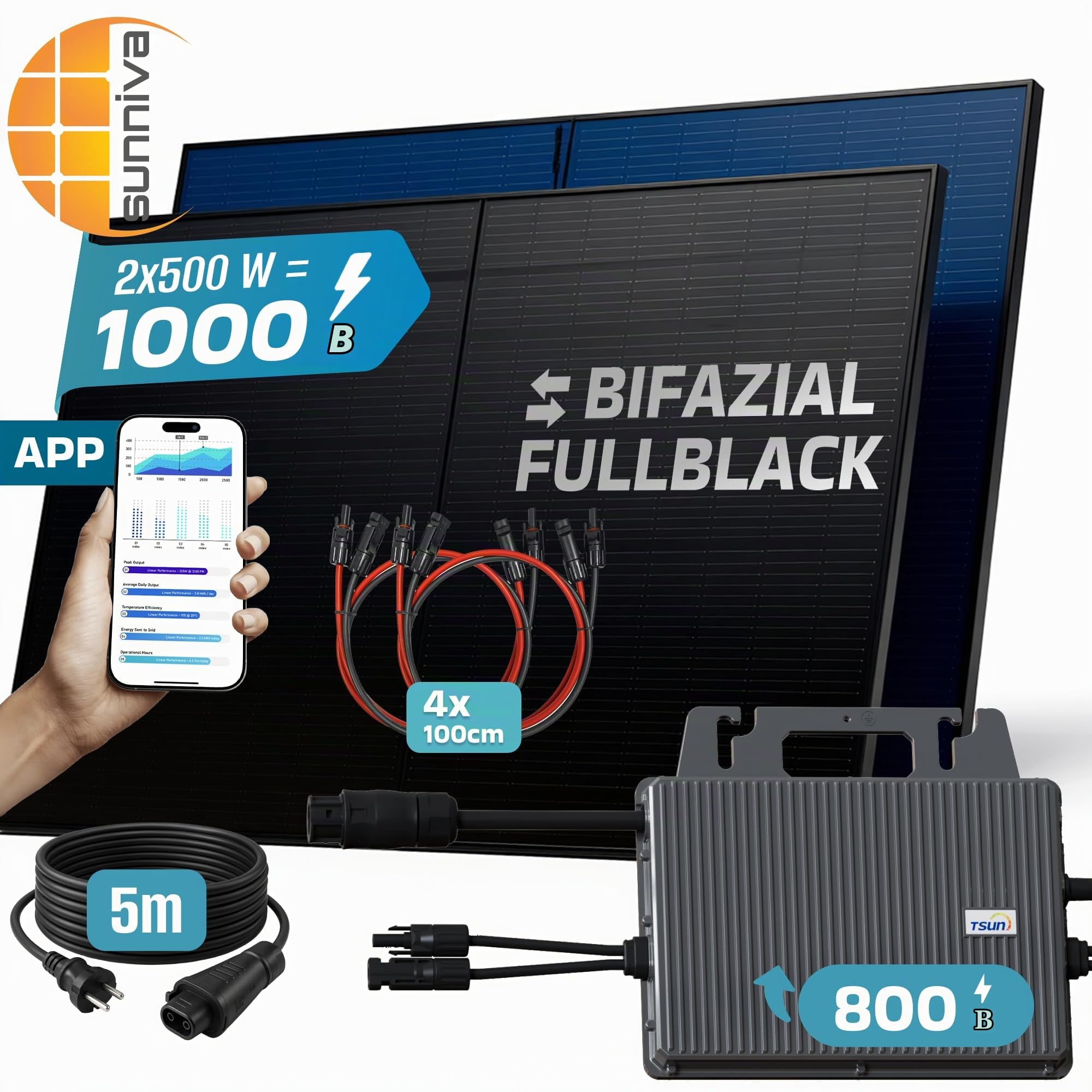 SUNNIVA 1000W Balkonkraftwerk BIFAZIAL FULLBLACK komplett Steckdose TSUN 800W Wechselrichter, PV Solaranlage, 2x 500W Glas Solarmodule, inkl. 5m Kabel, Bluetooth WIFI, Komplettset