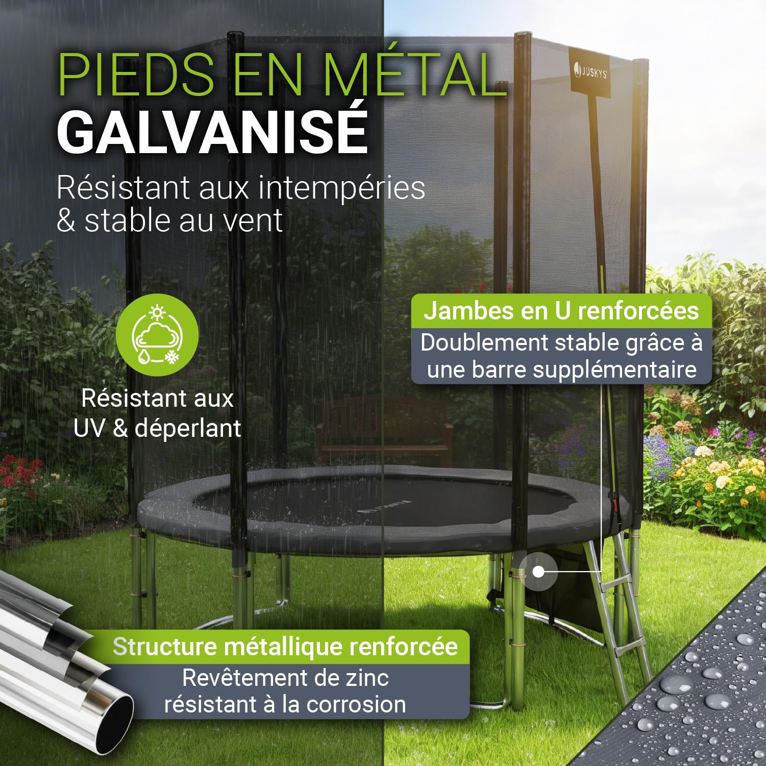 Juskys Trampoline JumpMaster – Trampoline de Jardin extérieur avec Filet de sécurité, échelle et ancrages au Sol, Protection de Bord rembourrée