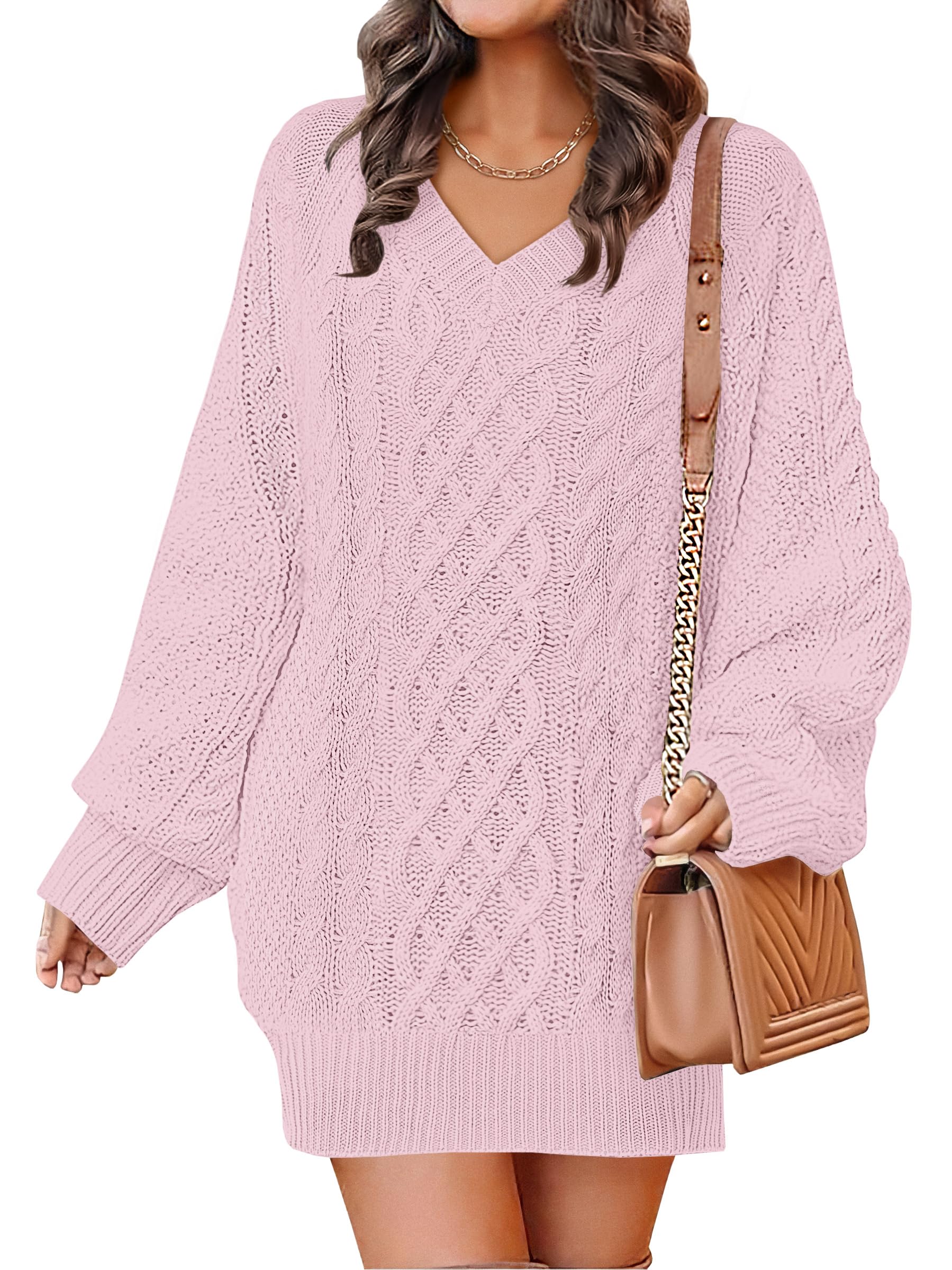 ANRABESS Womens Long Sleeve V Neck Oversized Cable Knit Mini Sweater Dresses 2025 Winter Fall Trendy Pullover Tunic