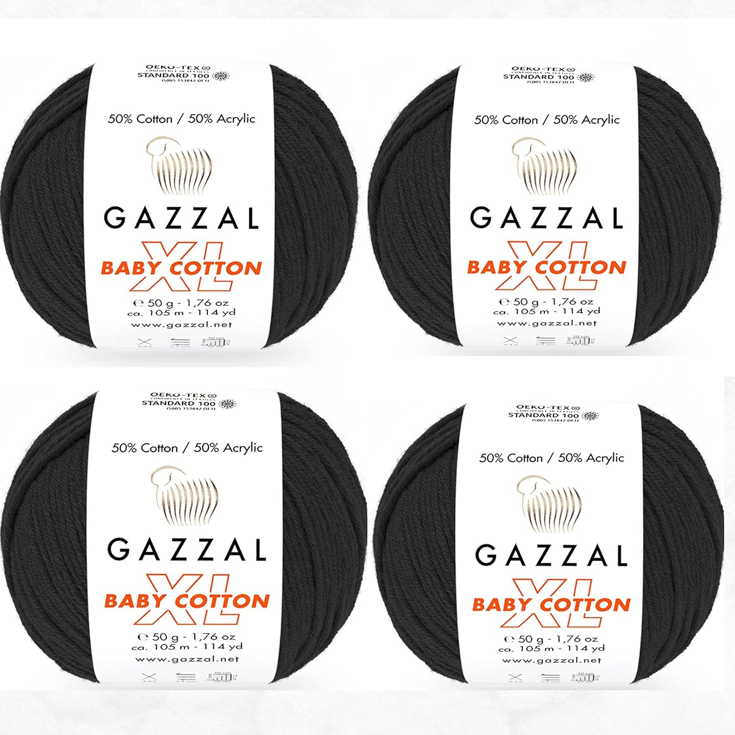 4 Pack (Skein) Gazzal Baby Cotton XL, 50% Soft Cotton 50% Premium Acrylic, Each 1.76 Oz (50g) / 114 Yrds (105m),DK- Worsted Baby Popular Yarn (4 Pack, Black - 3433), GazzalBCXL