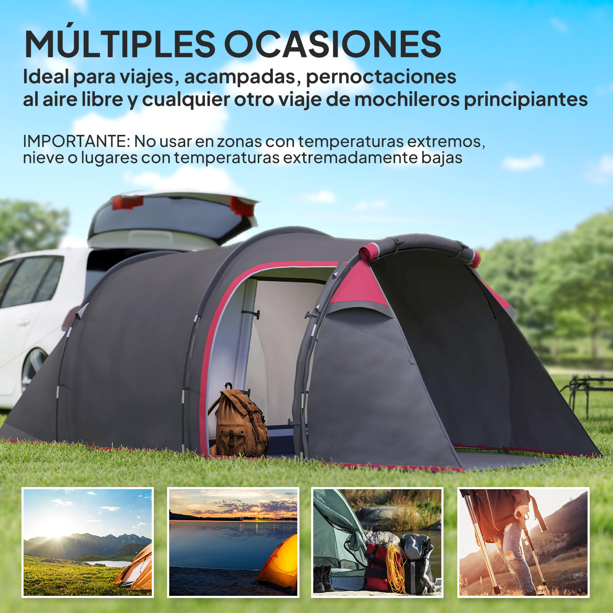 Outsunny Tienda de Campaña Familiar Tipo Túnel 2-3 Personas Plegable Impermeable 2000+ mm a Prueba de UV 20+ Ligero con Vestíbulo y 4 Estaciones para Camping Senderismo 426x206x154 cm
