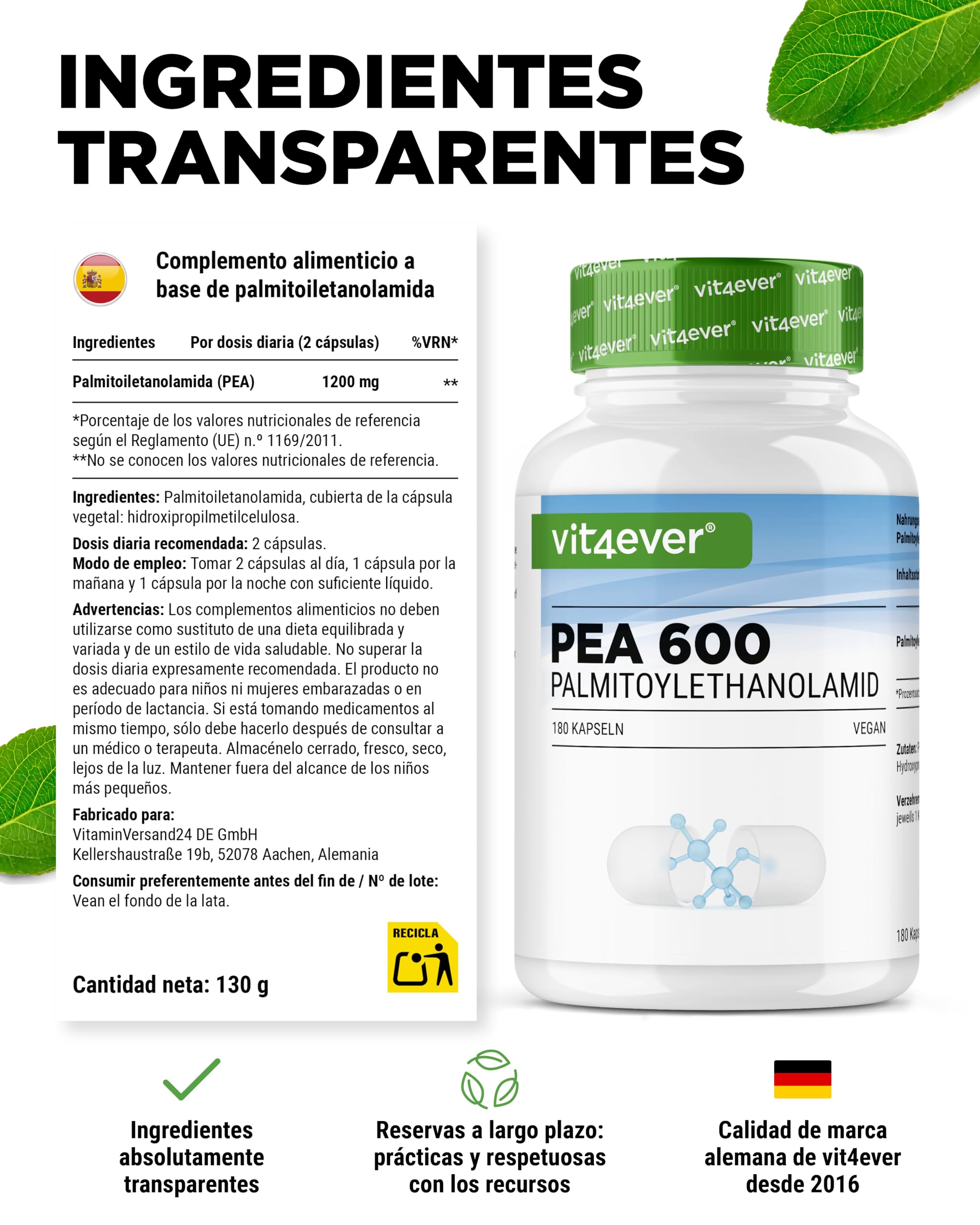 vit4ever PEA 600-180 Cápsulas veganas | 1200 mg de Palmitoiletanolamida Micronizada por dosis diaria - Alta dosis - Sin aditivos - Vegano