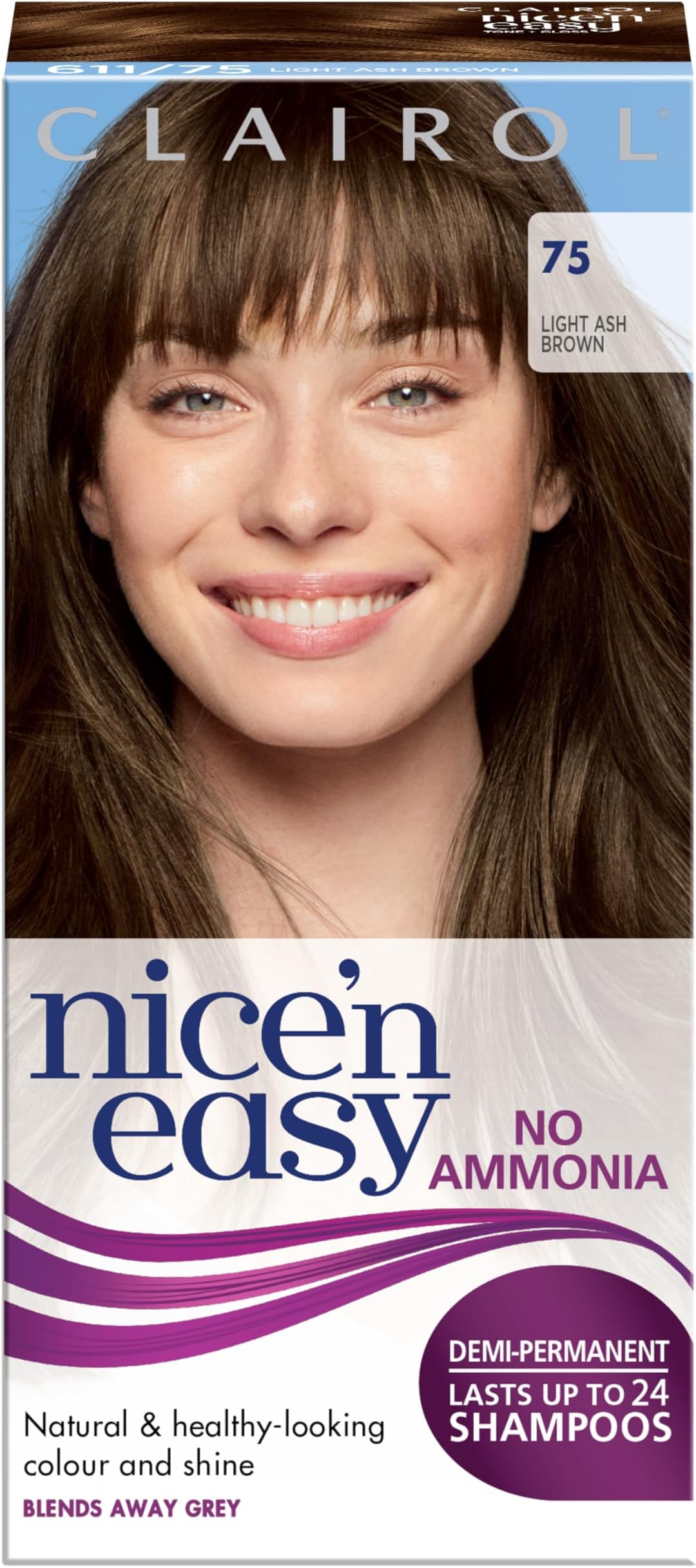 Clairol Nice'n Easy No Ammonia Hair Dye, 75 Light Ash Brown, 1 Count (Pack of 1)