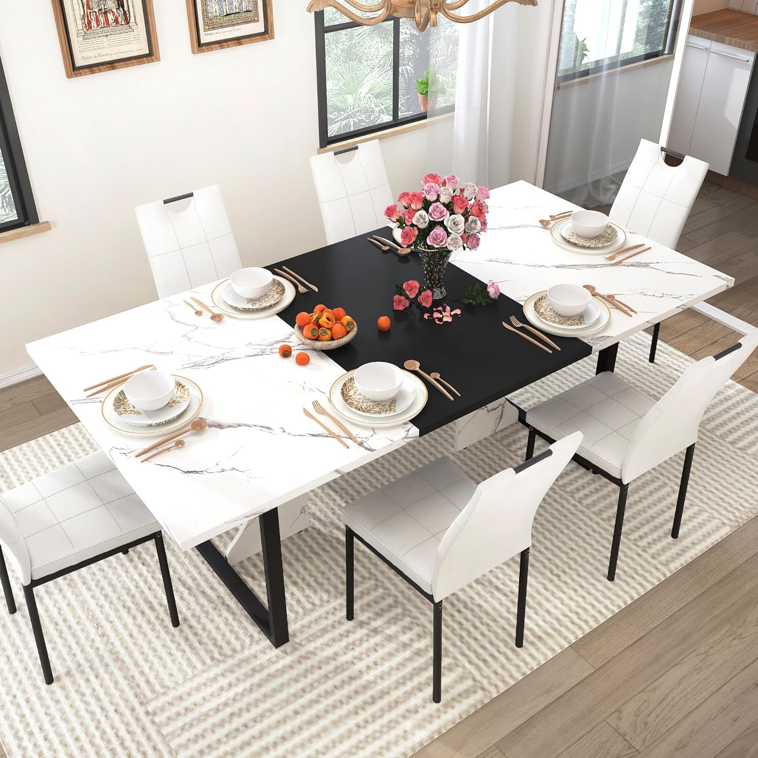 7PCS Dining Table Set with 6 Chairs for 4 5 6 People, 71″