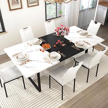 chartustriable 7PCS Dining Table Set with 6 Chairs for 4 5 6 People, 71" Large Wooden Kitchen Table Sets with 6 Upholstered Chairs,6-Person Kitchen Table & Chairs Set for Dining Room KitchenWhite