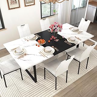 70 Inch Rectangular Dining Table for 4 5 6 People,Kitchen Dinner Table W/Marble-Color Wood Waterpoof Tabletop,Family 6 FT Dining Tables w/Adjustable Leg for Office Home Living Dining Room(White)
