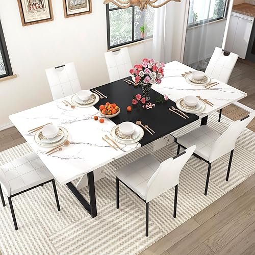 7PCS Dining Table Set for 4 5 6 People, 71" Large Long Wooden Kitchen Table with 6 Chairs (White+Black, 71IN Table+6 PCS Chairs)