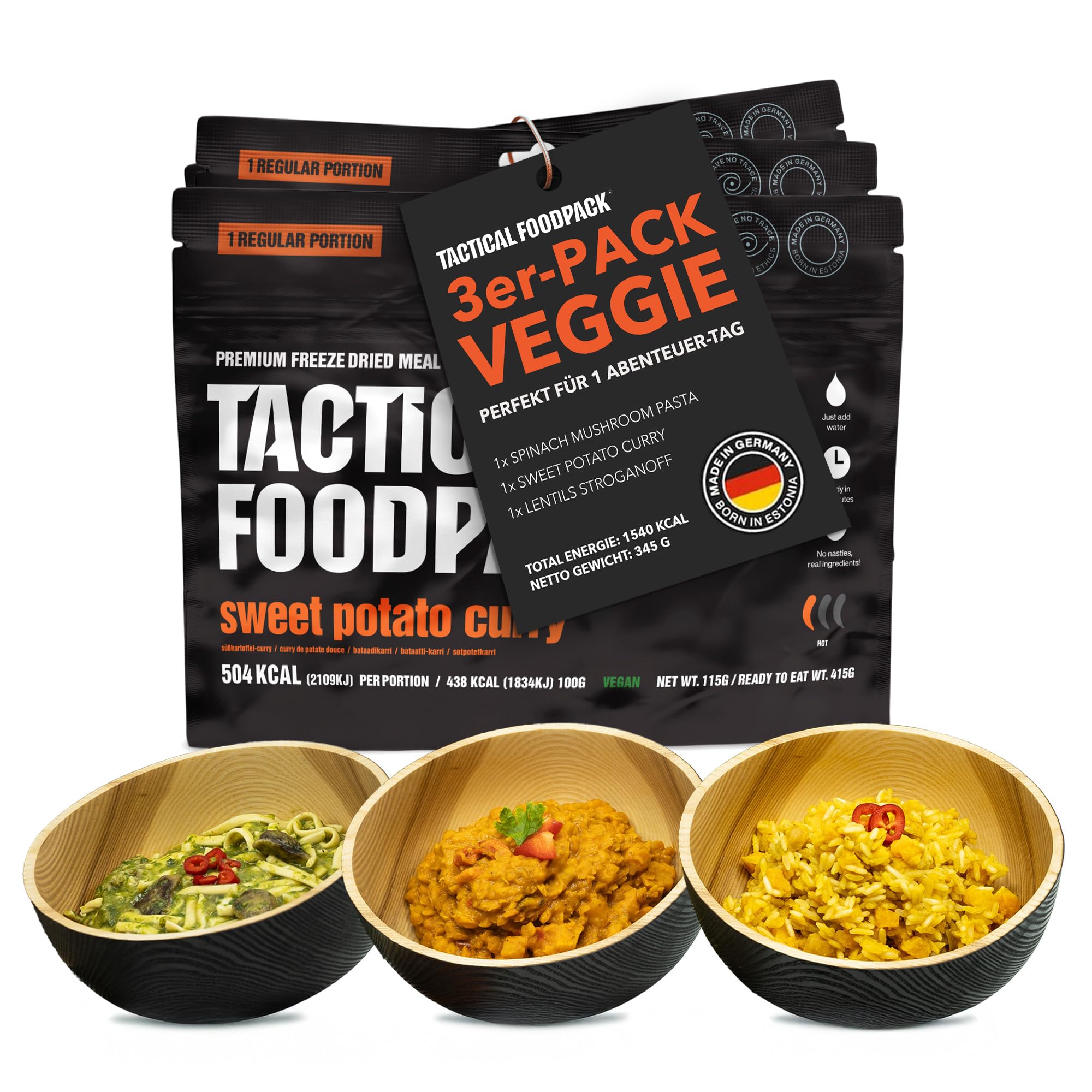 Tactical Foodpack 3er Set - 3 vegane Gefriergetrocknete Mahlzeit für Camping, Survival Outdoor Nahrung. Tracking oder Notfallrucksack – Fertiggerichte wie hausgemacht zum Verzehr bereit