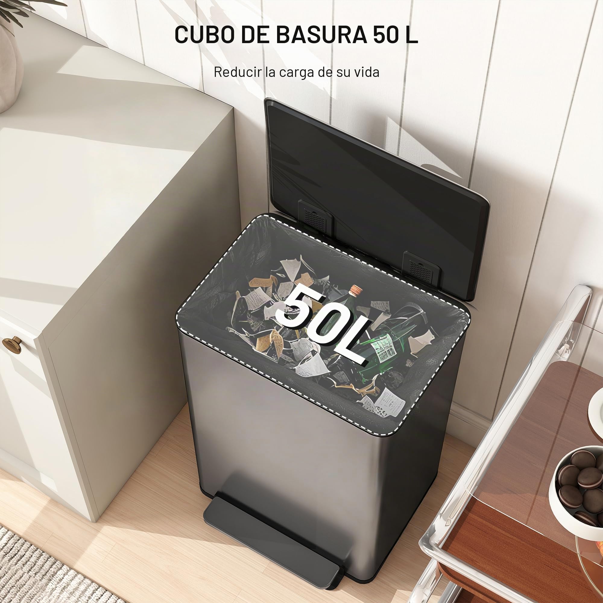 HOMCOM 13.2 Gal./50 L Cubo de basura antihuellas Soft-Close Tapa Plateado | Cubo interior extraíble, tapa de cierre suave, mantenimiento de apertura, filtro antiolor, asas