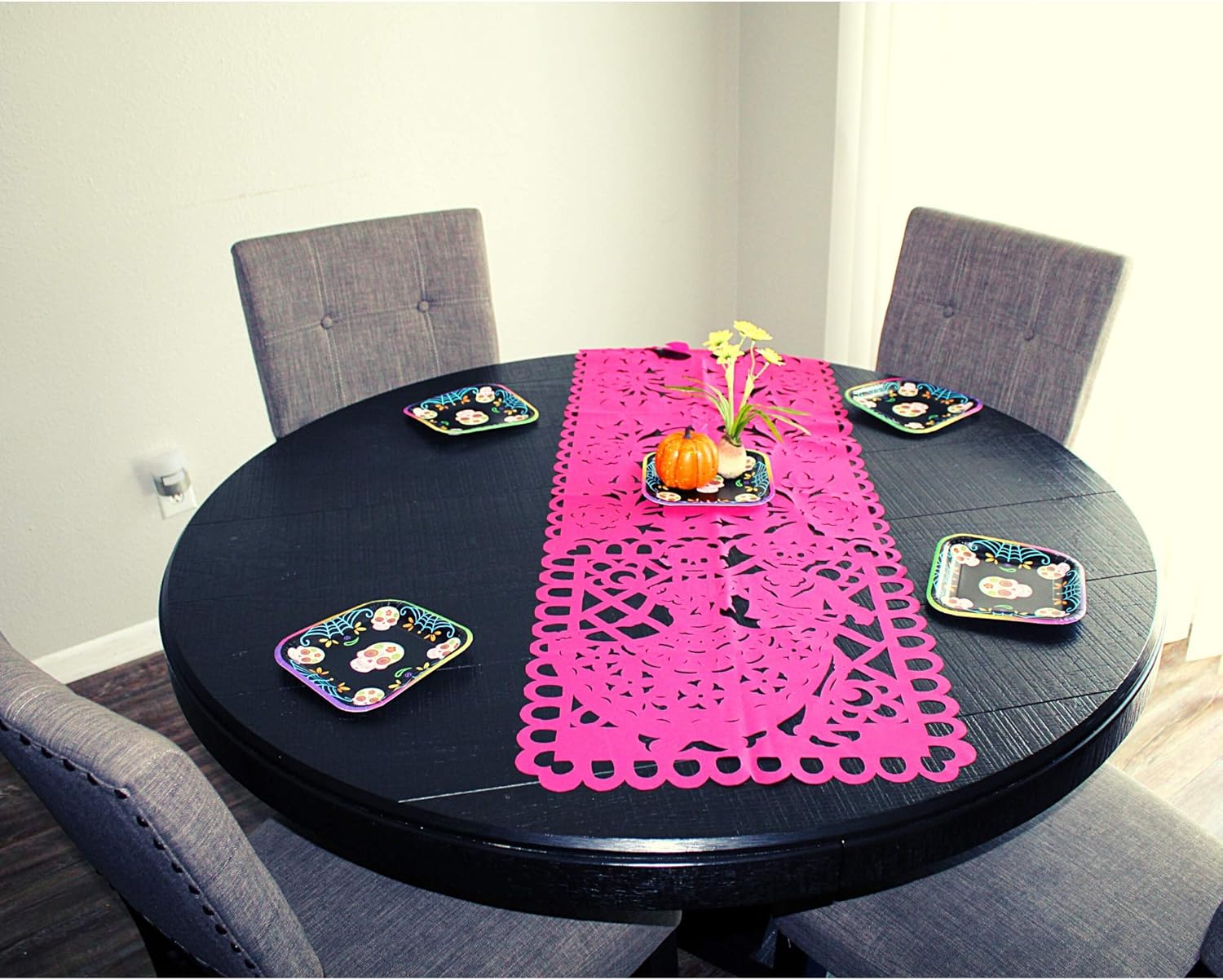 Dia de Muertos Altar Decorations, Vinyl Day of The Dead Table Runner 18x72 inches in Pink FTRM