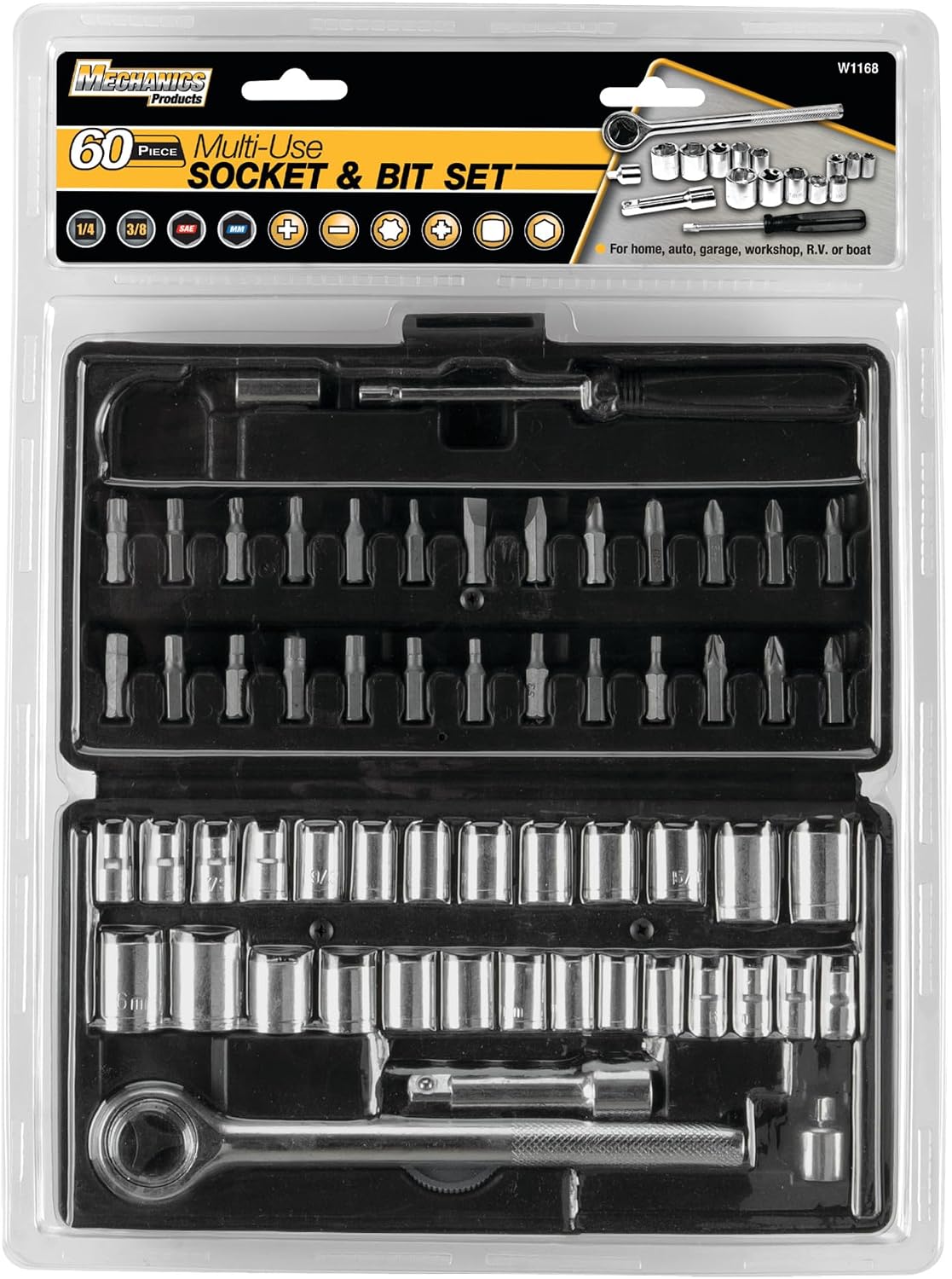 Performance Tool W1168 SAE/Metric 60-Piece Socket (1/4-Inch & 3/8-Inch Drive) and Bit Set