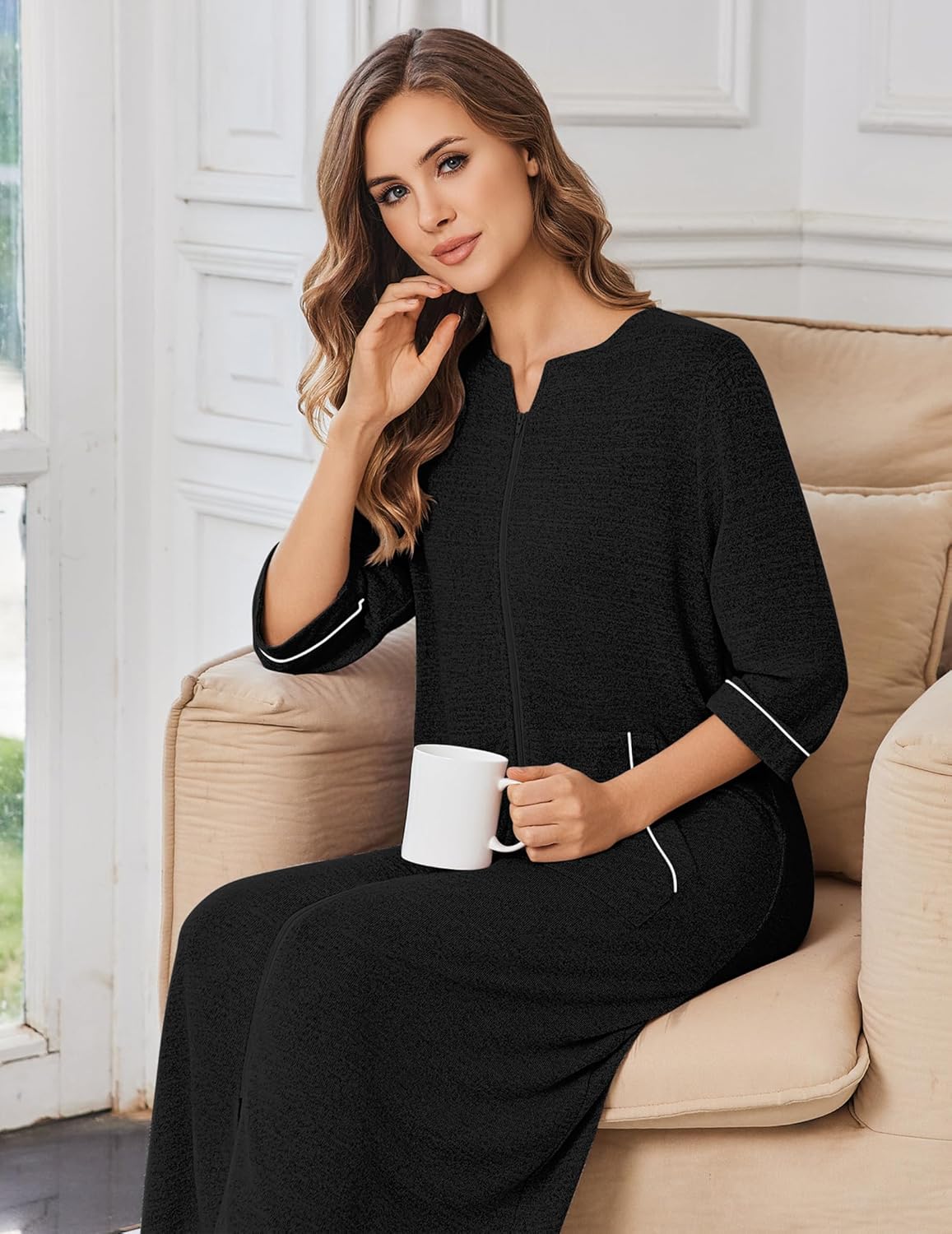 Ekouaer Zipper Robes for Women 3/4 Sleeve Bathrobe Lightweight House Coats for Women with Pockets Long Moo Moo Nightgown - Image 4