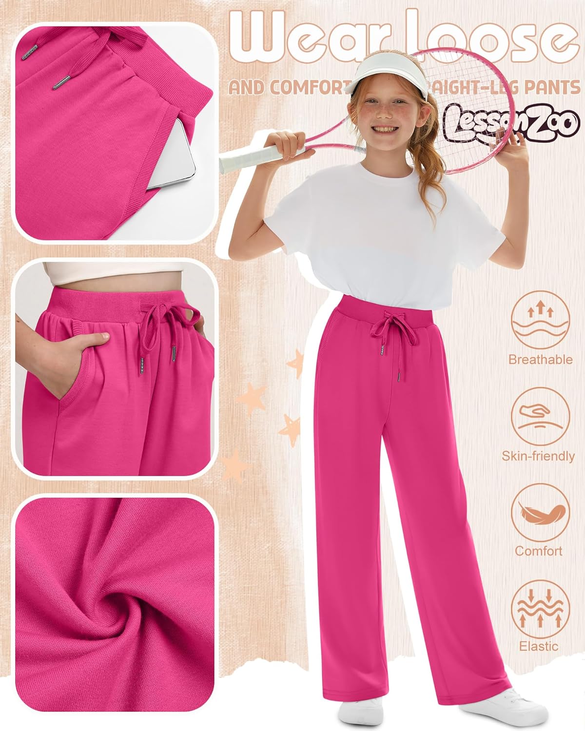 4 Pack Girls' Sweatpants Straight Leg Drawstring Kids Joggers Open Bottom Baggy Teen Pants with Pockets