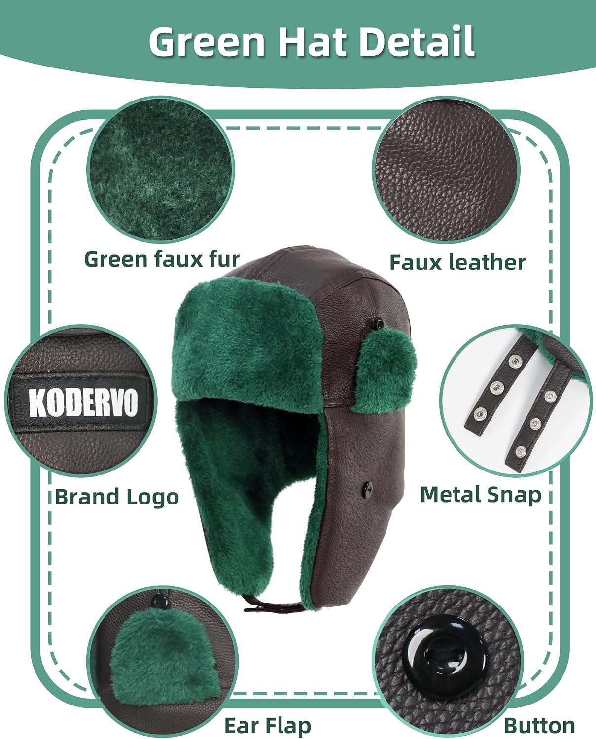 Cousin Trapper Hat - Green Eddie Winter Hat from Christmas Vacation for Halloween Christmas Costume, Faux Fur Hat with Ear Flap for Men Women, Green Faux Fur Brown Leather