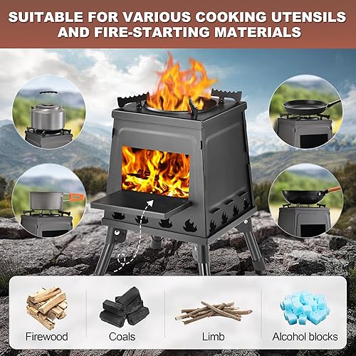 Miniatura 4 de Estufa de leña, estufa de leña para acampar, pequeña estufa de leña portátil de hierro fundido solución de cocina compacta al aire libre con bolsa