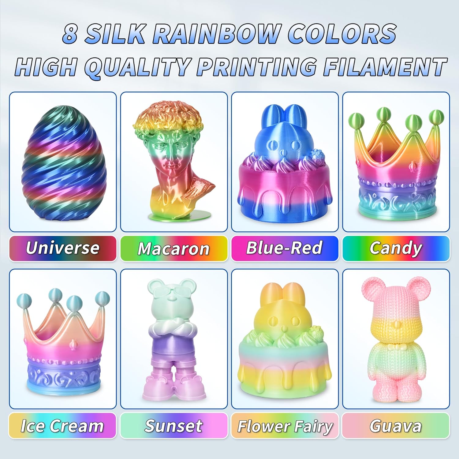 PINBALL Silk Rainbow PLA 3D Printer Filament 1.75mm Shiny Multi-Color Changing Filament 3D Printing PLA Filament Dimensional Accuracy +/- 0.02mm 8 KG 8 Colors