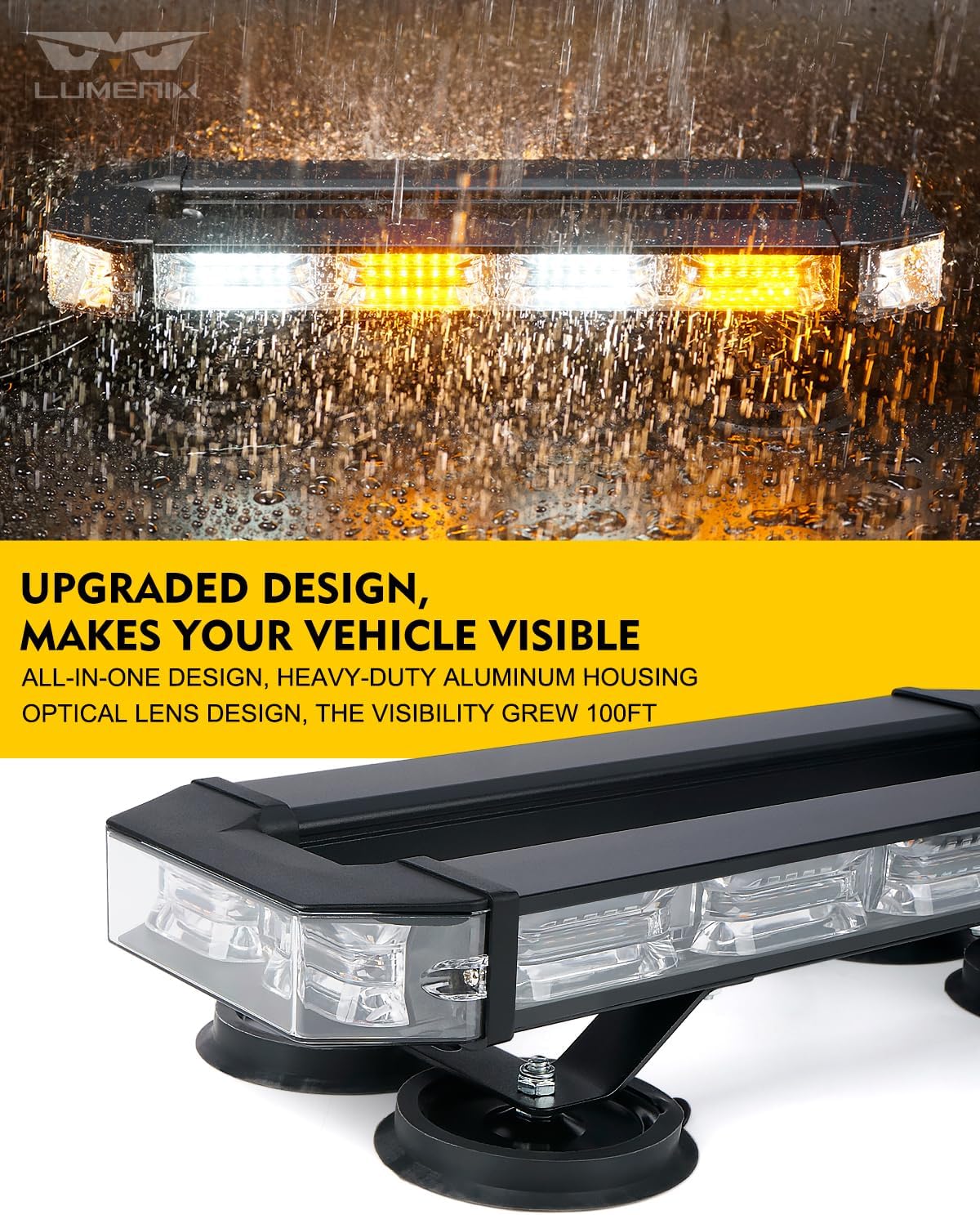 LUMENIX 72 LED Rooftop Emergency Strobe Light Bar w/Control Panel Magnetic Base Warning Flashing Beacon Caution Traffic Lightbar for Construction Vehicles Trucks Postal Mail Snowplow - White Amber