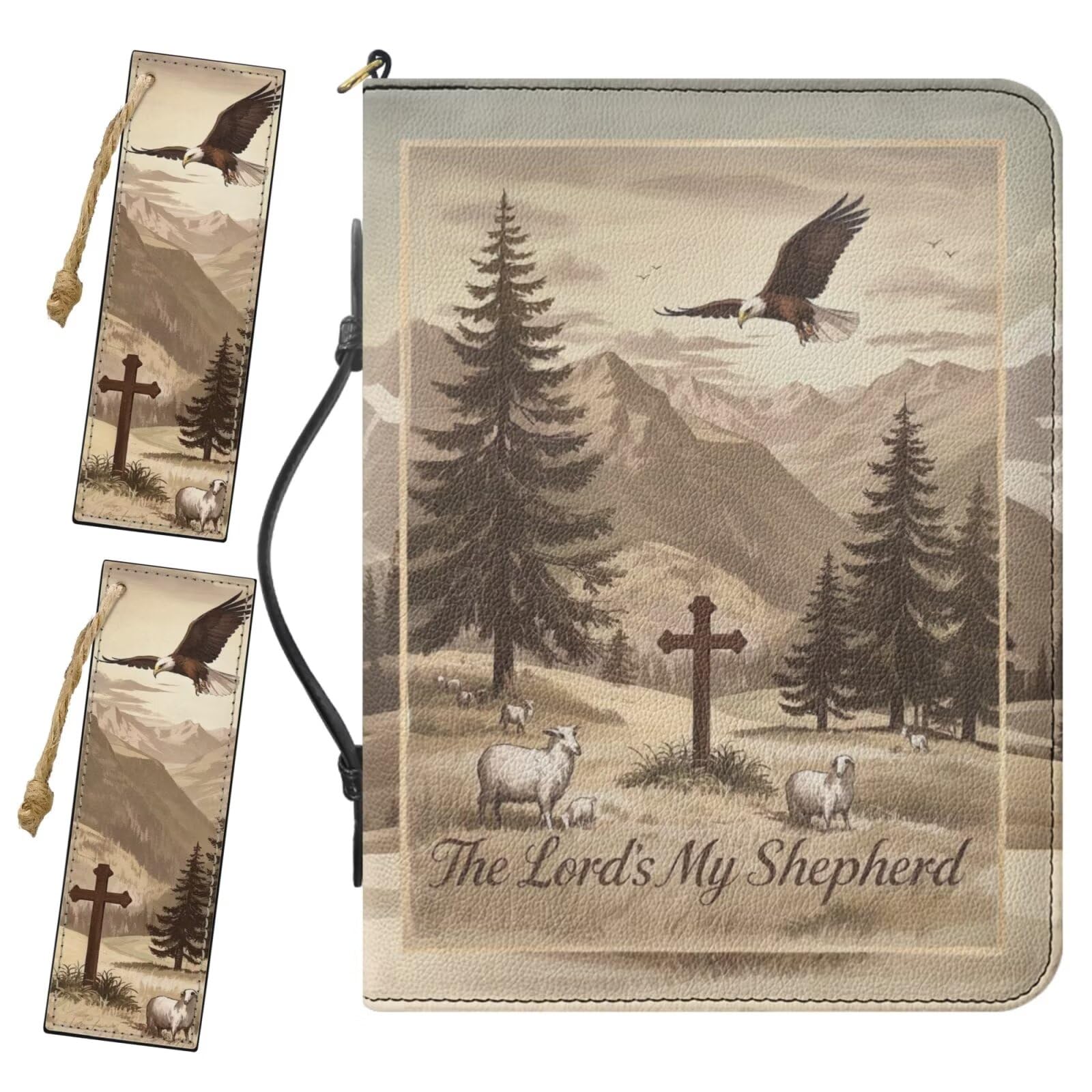 Drnuikhe Medium PU Leather Bible Cover for Men, Mens Bible Case Comes with 2 Bookmarks, Crucifix Psalm 23:1 Print Bible Carrier with Inner Pockets and Pen Loop, Christian Gifts for Men, Sepia