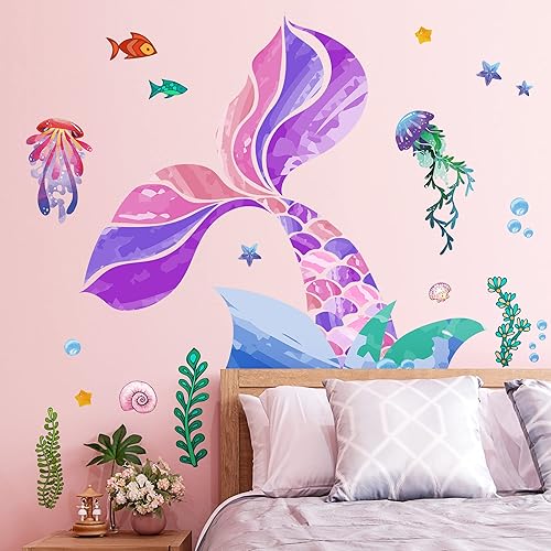LiveGallery Adhesivo de pared extraíble en 3D bajo el mar, arco iris, colorido, cola de sirena, calcomanía de pared, bricolaje, peces marinos,