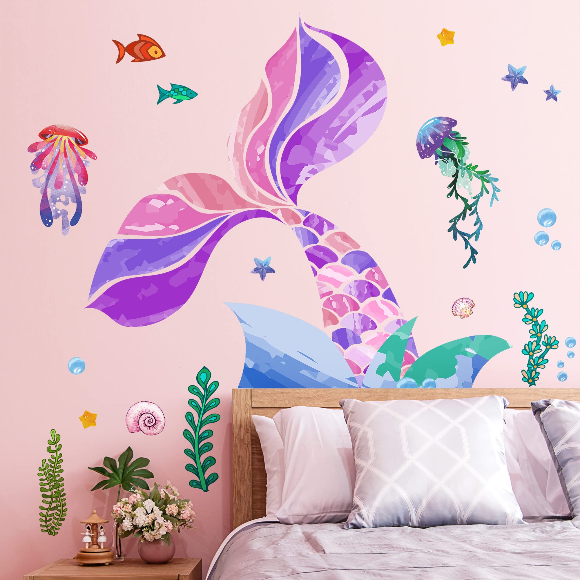 LiveGallery Removable 3D Under The Sea Rainbow Colorful Mermaid Tail Blisters Wall Sticker DIY Ocean Fish Jellyfish Seaweed Wall Decal Decor for Kids