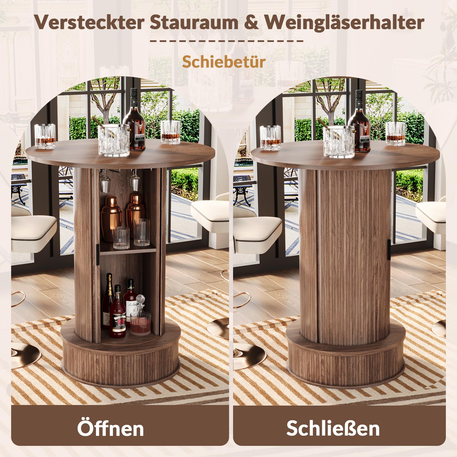 Runder Bartisch mit zweistufigem, verstecktem Stauraum und Weinglasablage, 97 cm hoch, rustikaler Cocktailtisch/Stehtisch mit Fußstütze und Schiebetür für Bars, Esszimmer, Wohnzimmer