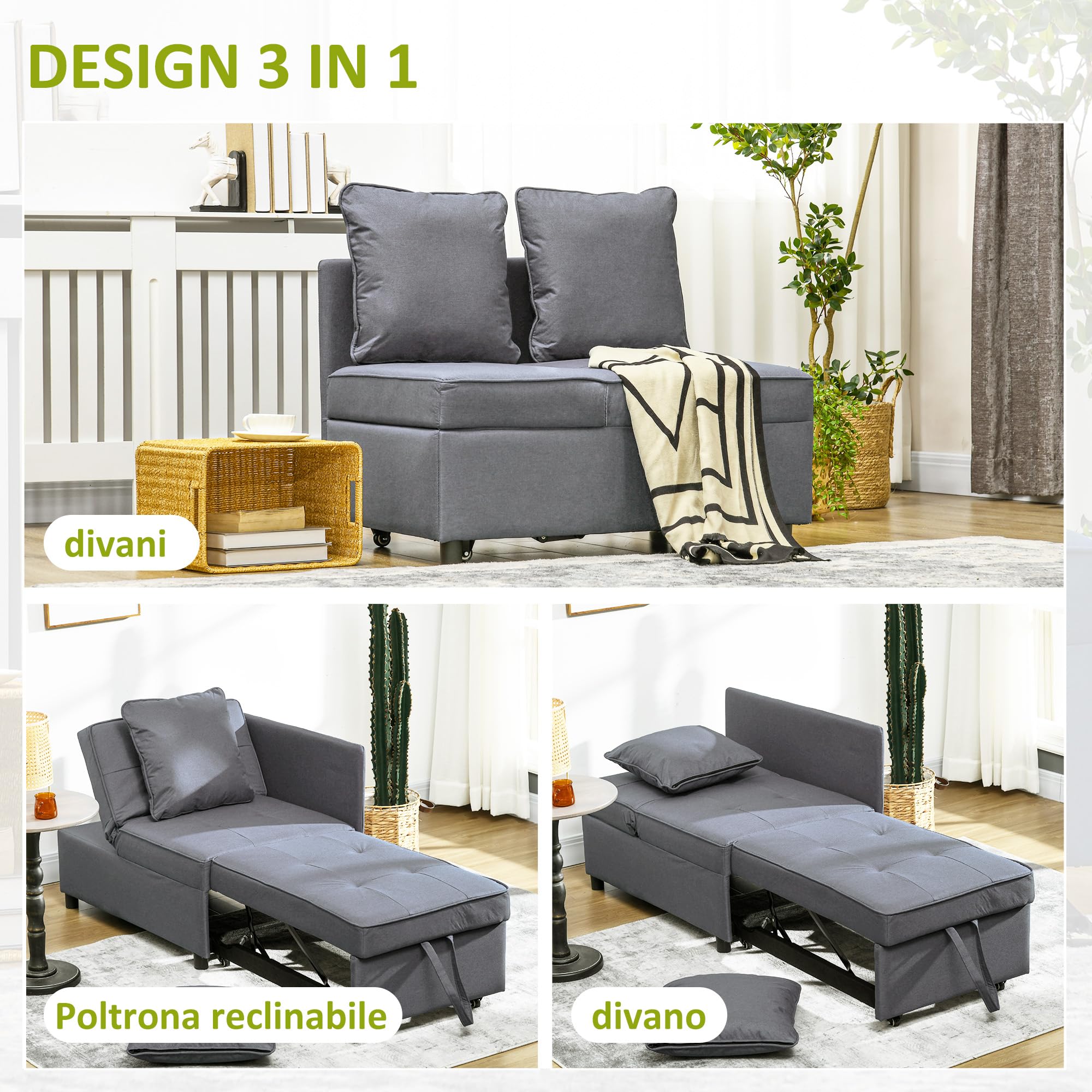 HOMCOM 3 in 1 Poltrona Letto Imbottita Reclinabile 98x71x67 cm Grigio Scuro | Schienale in 5 Posizioni, Cuscini, Divano Letto Una Piazza e Mezza, Tessuto Effetto Lino e Legno, per Soggiorno