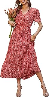 Women's Summer Floral Boho Maxi Dress Wrap Short Sleeve V Neck Ruffle A-Line Flowy Wedding Guest Long Dresses - Buy now