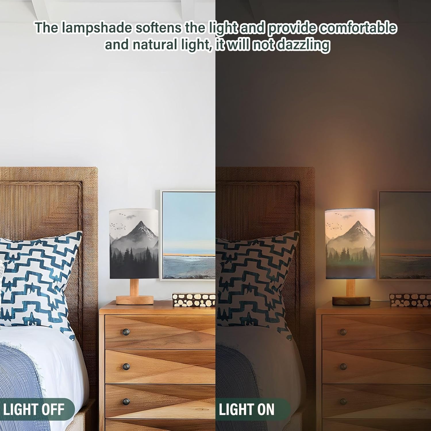 Nature Mountains and Forest Table Lamp Bedside with USB Ports Nightstand Lamps with Fabric Lampshade for Reading, Bedroom, Living Room Home Office