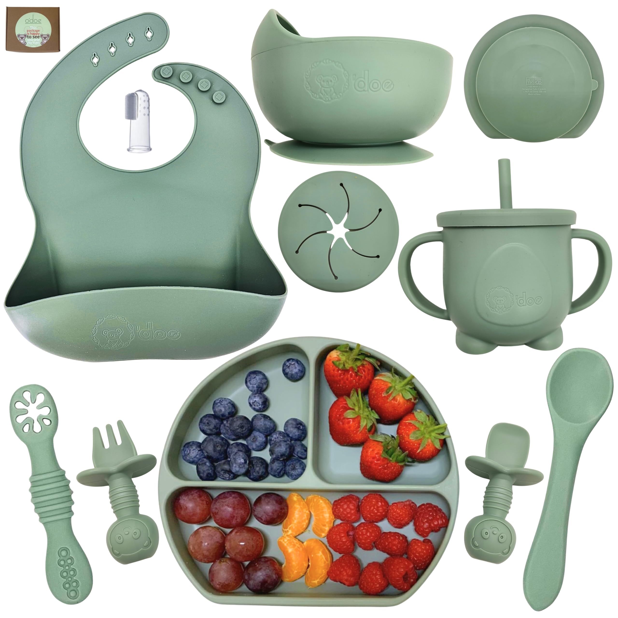 O'doe 11-Piece BPA-Free Silicone Baby Feeding Set | Thick & Soft Suction Plates, Baby Bowls, Wooden Fork & Spoon, and More | Make Mealtime Fun and Easy for Your Little One (Green, V1)