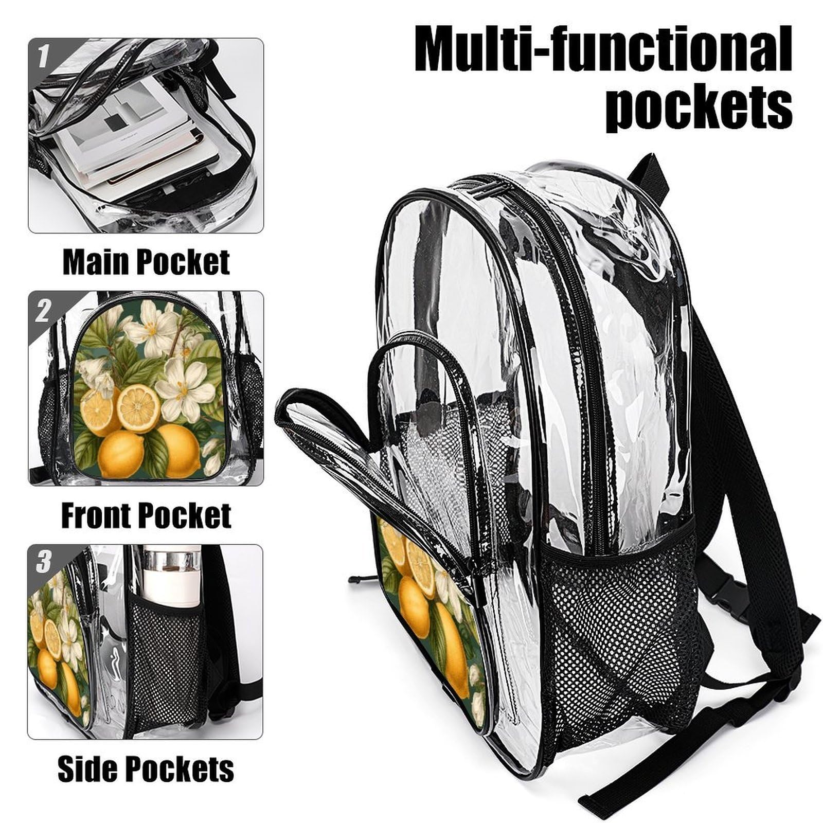 Spring Clip Art Transparenter Rucksack, groß, transparent, PVC, Büchertasche für Sicherheit, Arbeit, Reisen, Stadion