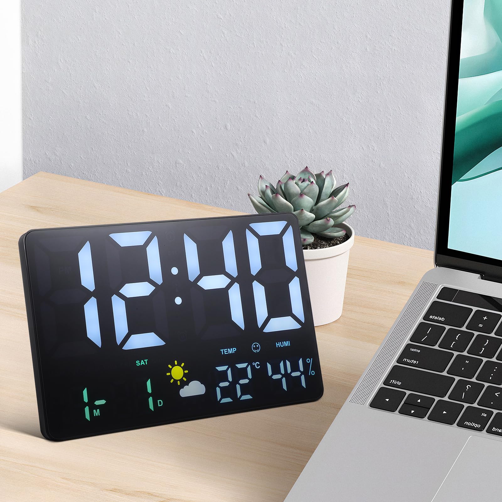 POPETPOP Digitale Wanduhr Groß mit LED Display Temperatur und Luftfeuchtigkeitsanzeige Luftdrucksensor Wettervorhersage Wecker und Kalender für Büro und Wohnzimmer