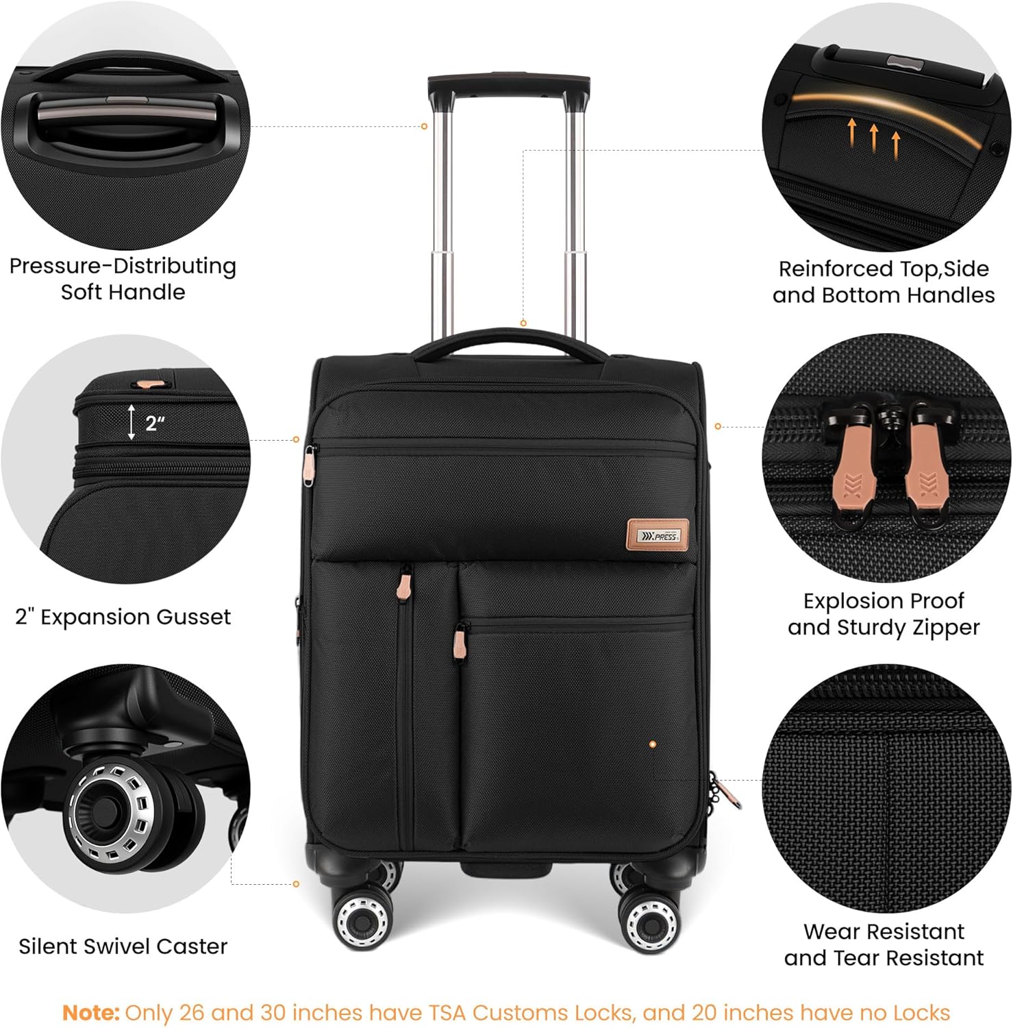 20'' Carry on Luggage,Softside Suitcase w/TSA LOCK,Expandable 20% Luggage w/Double Spinner Wheels,Lightweight Rolling Suitcases for Men/Women（Black,20in）