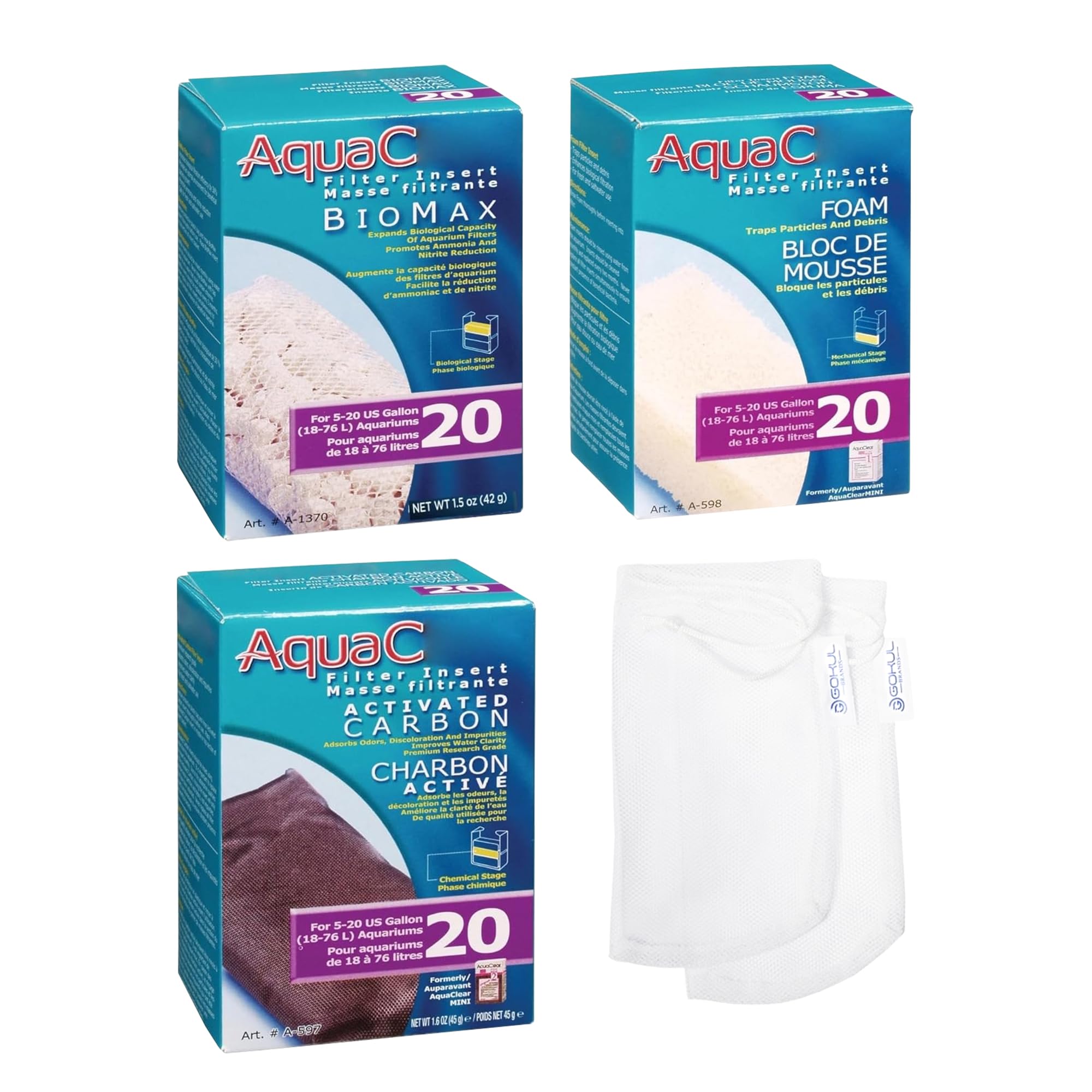 Gokul Brands AquaClear 20 HOB Maintenance & Replacement Filter Media Kit, Including Gokul Brands Mesh Bags (AquaClear Activated Carbon Inserts 45g-1 Pack, BioMax Media 42g, Filter Foam Insert 1-Pack)