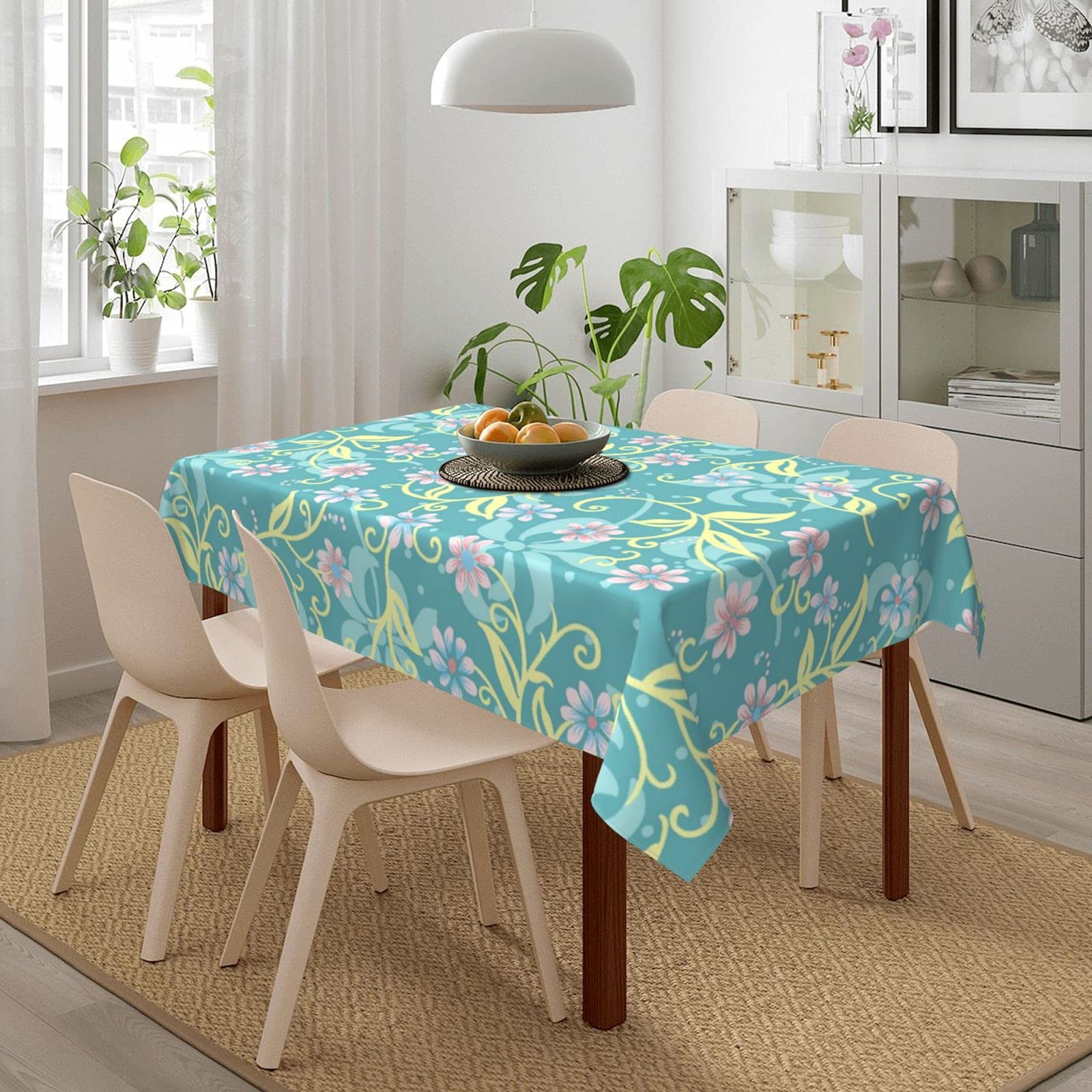 Amazon｜テーブルクロス 長方形 大判 花柄 水色背景 テーブルカバー