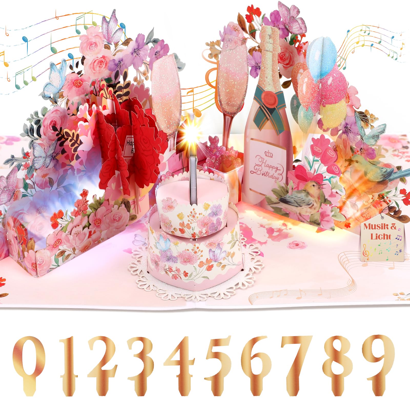 Biglietto Di Compleanno 40 Anni Per Donna - 3D Pop-up Con Musica E Luci, Torta E Champagne, Glitter, Con Busta E Adesivo, Regalo Per Moglie E Amica