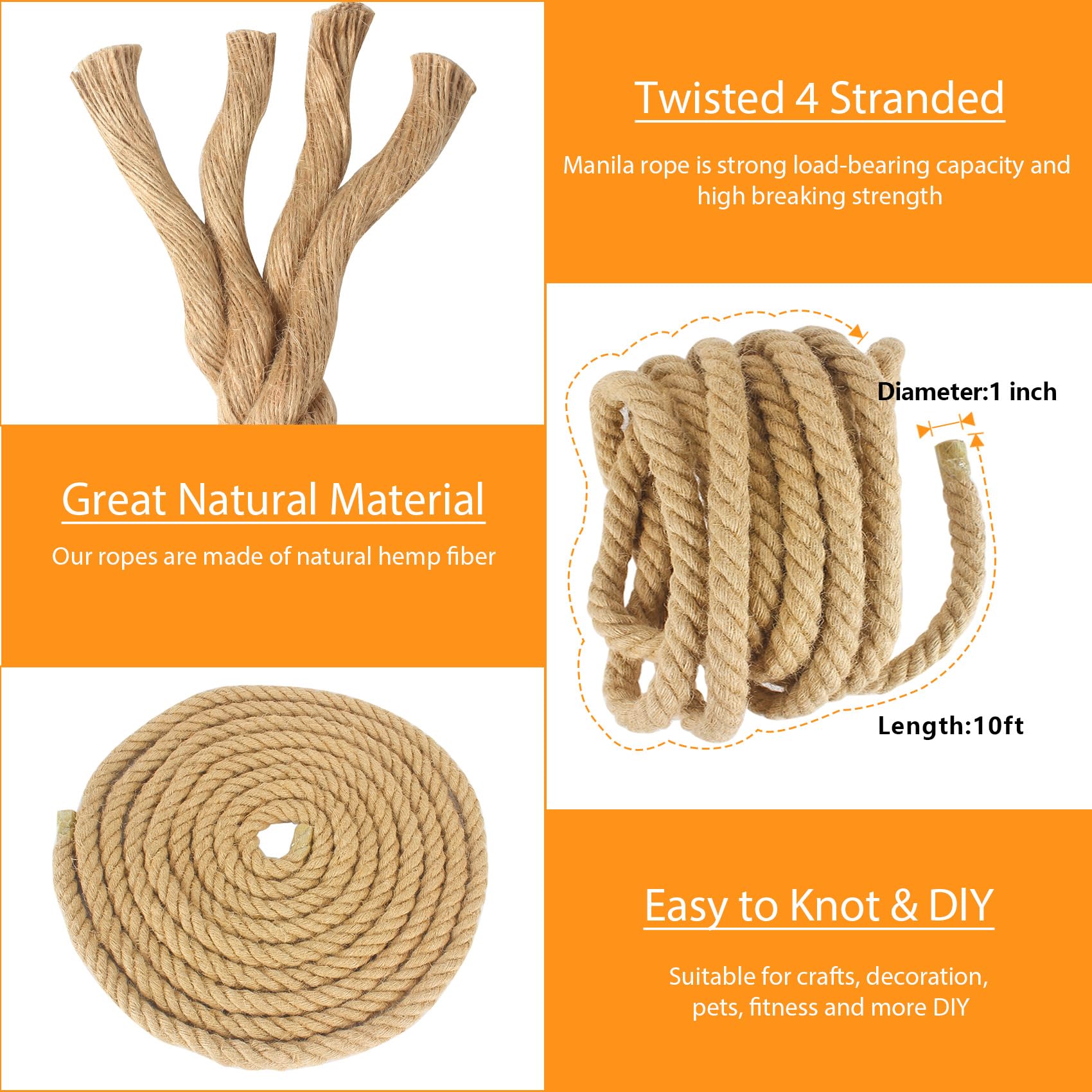 Naturhanf-Seil Aus Manila – 1-1/10,2 Cm Durchmesser, Hautfarben | Stabiles Tau Für Handwerk, Dekoration & Outdoor (Längen: 10–100 Fuß)