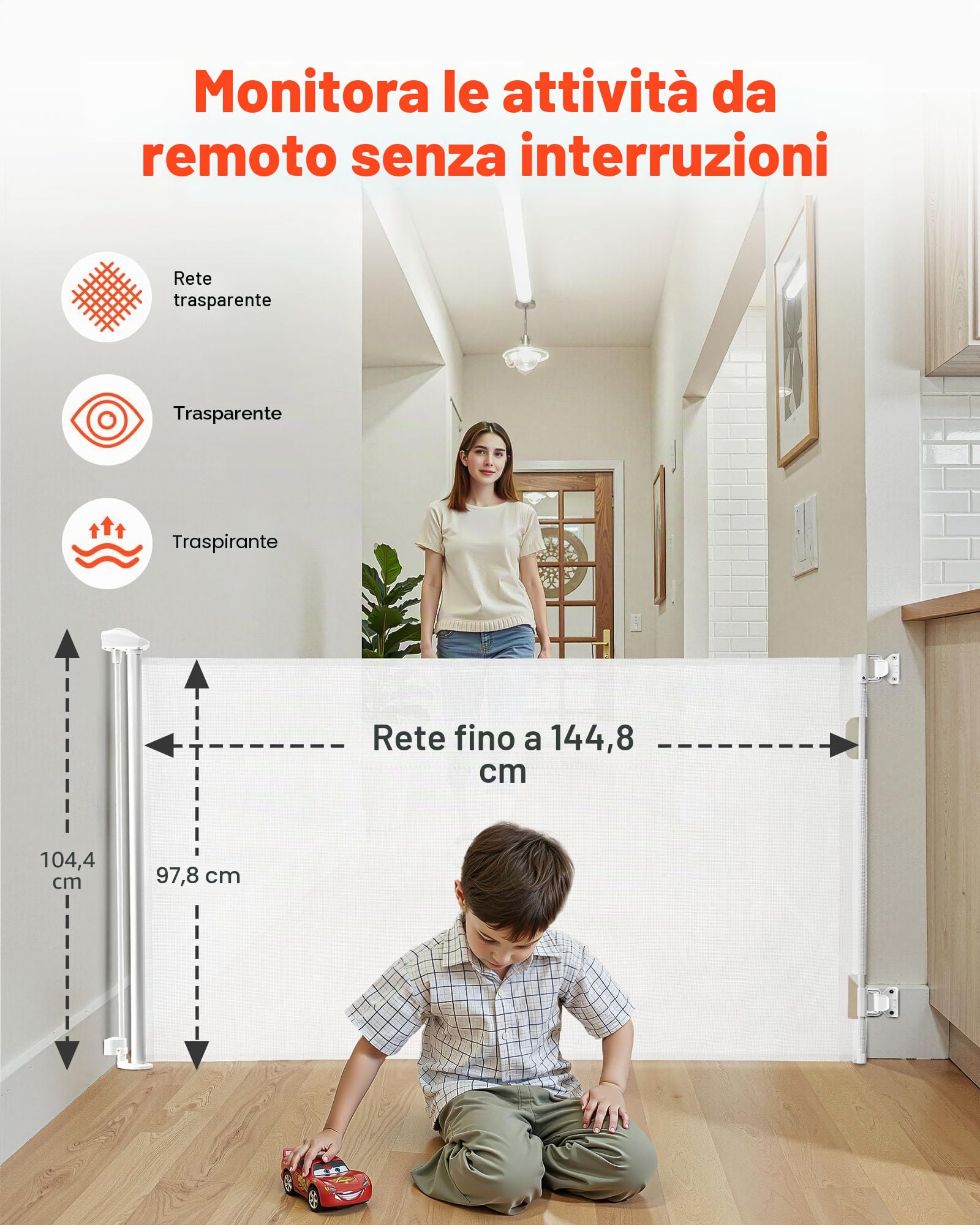 VEVOR Cancelletto Retrattile, Installazione Interna 1450 mm di Larghezza, 980 mm di Altezza, con Strisce in Fibra di Vetro Rinforzata, Impedisce che Si Infilino, Cancelletto in Rete per Cani, Bianco