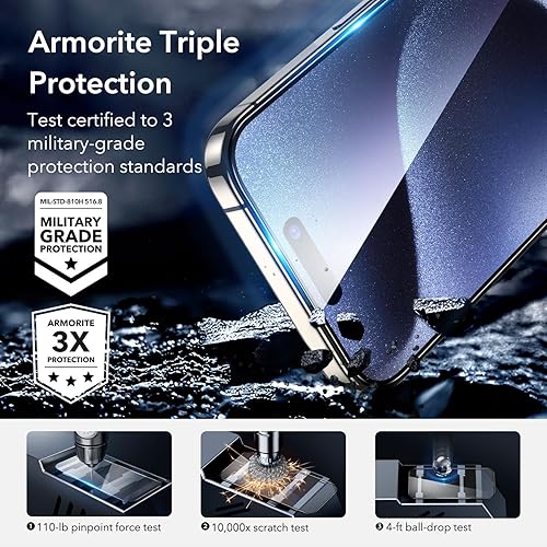 Miniatura 2 de ESR Juego de 3+1 protector de pantalla Armorite para iPhone 15 Pro Max, vidrio templado ultra resistente, marco de fácil instalación, paquete de 3