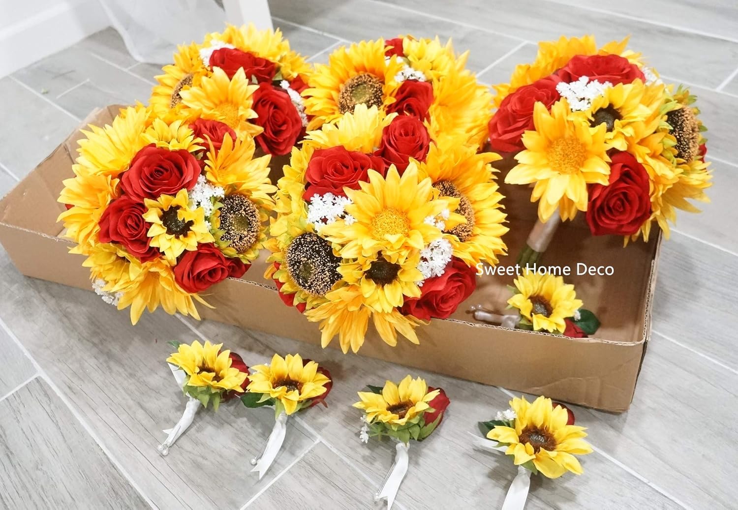 DOGNNAK Silk Sunflower Rose Babysbreath Wedding Bouquet - 10"T x 8"W - Yellow/Red - Rustic Vibrant - Artificial Wedding Bouquet - 1 Count