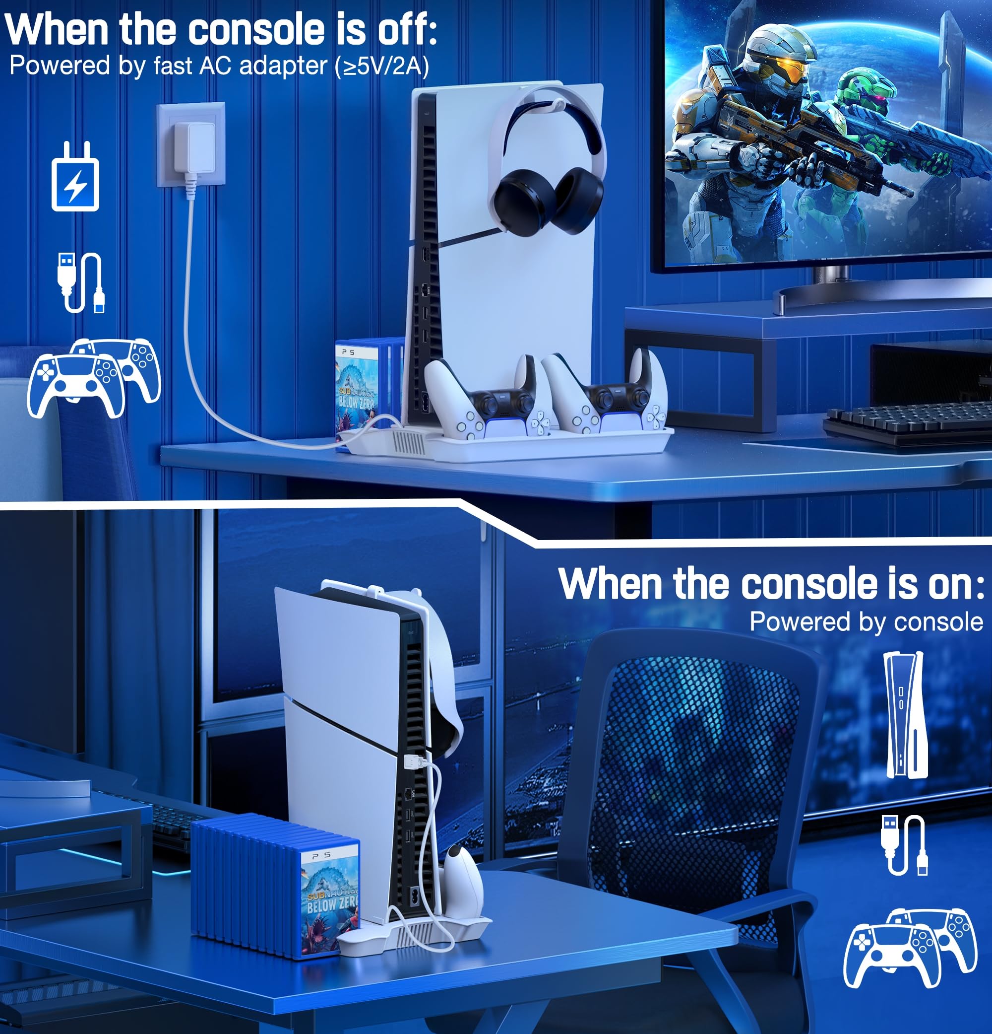 Soporte PS5 Pro/Slim/PS5 y estación de refrigeración con controlador estación de carga para consola digital Playsation de 5 discos, accesorios PS5 con ventilador de refrigeración de 3 niveles, 13