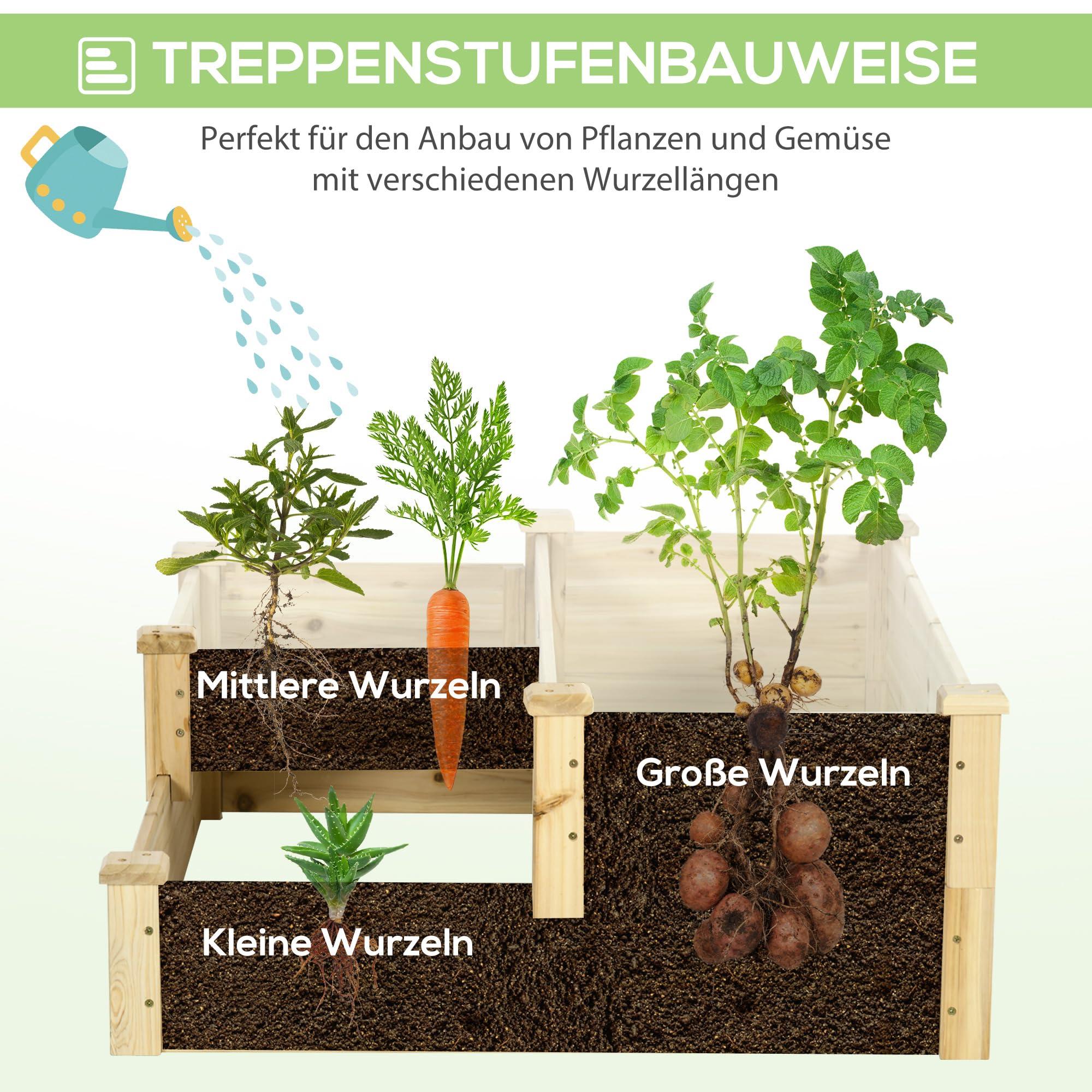 Outsunny Hochbeet 3-Stufig Pflanzenbeet Tannenholz Natur 108 x 88 x 36 cm | Blumenkasten, Kräuterbeet, Pflanzentreppe, Blumentreppe für Balkon, Garten