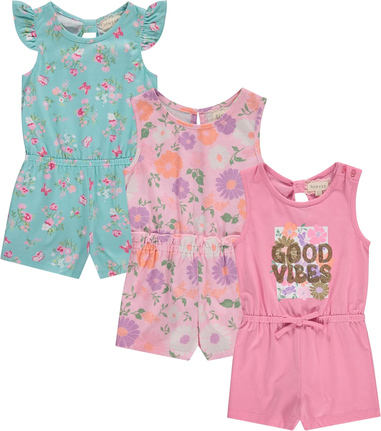 BTween Girls’ 3-Pack Romper Set – Cute & Comfy Sleeveless Summer Jumpsuits for Kids – Floral, Striped & Solid Designs (4-16)