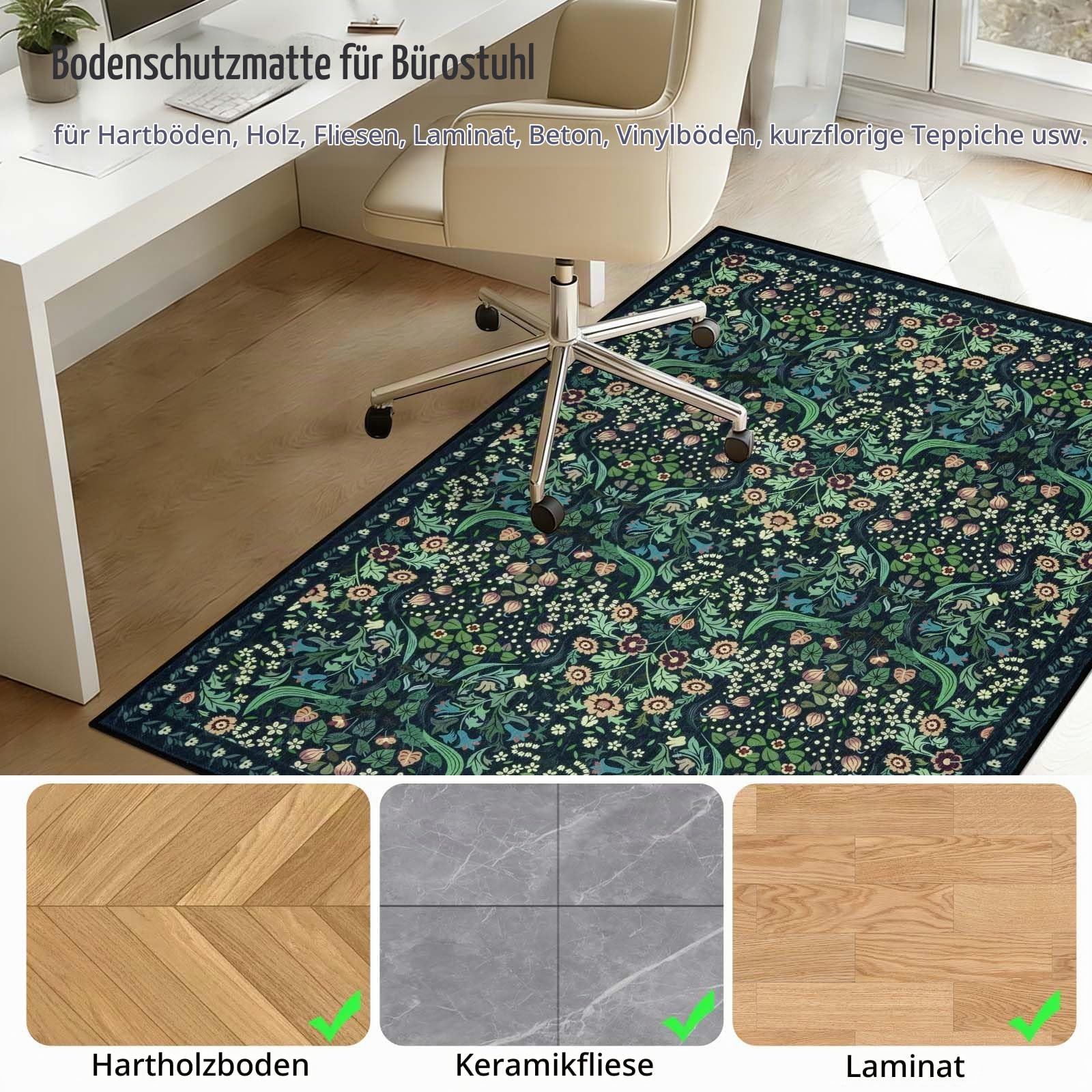 Famibay Bodenschutzmatte Bürostuhl 90x120cm Bürostuhl Unterlage rutschfest Schreibtischstuhl Unterlage Dunkelgrün Vintage Bodenschutzmatte für Hartböden Parkett Tiles Waschbar Kratzfest Blumen