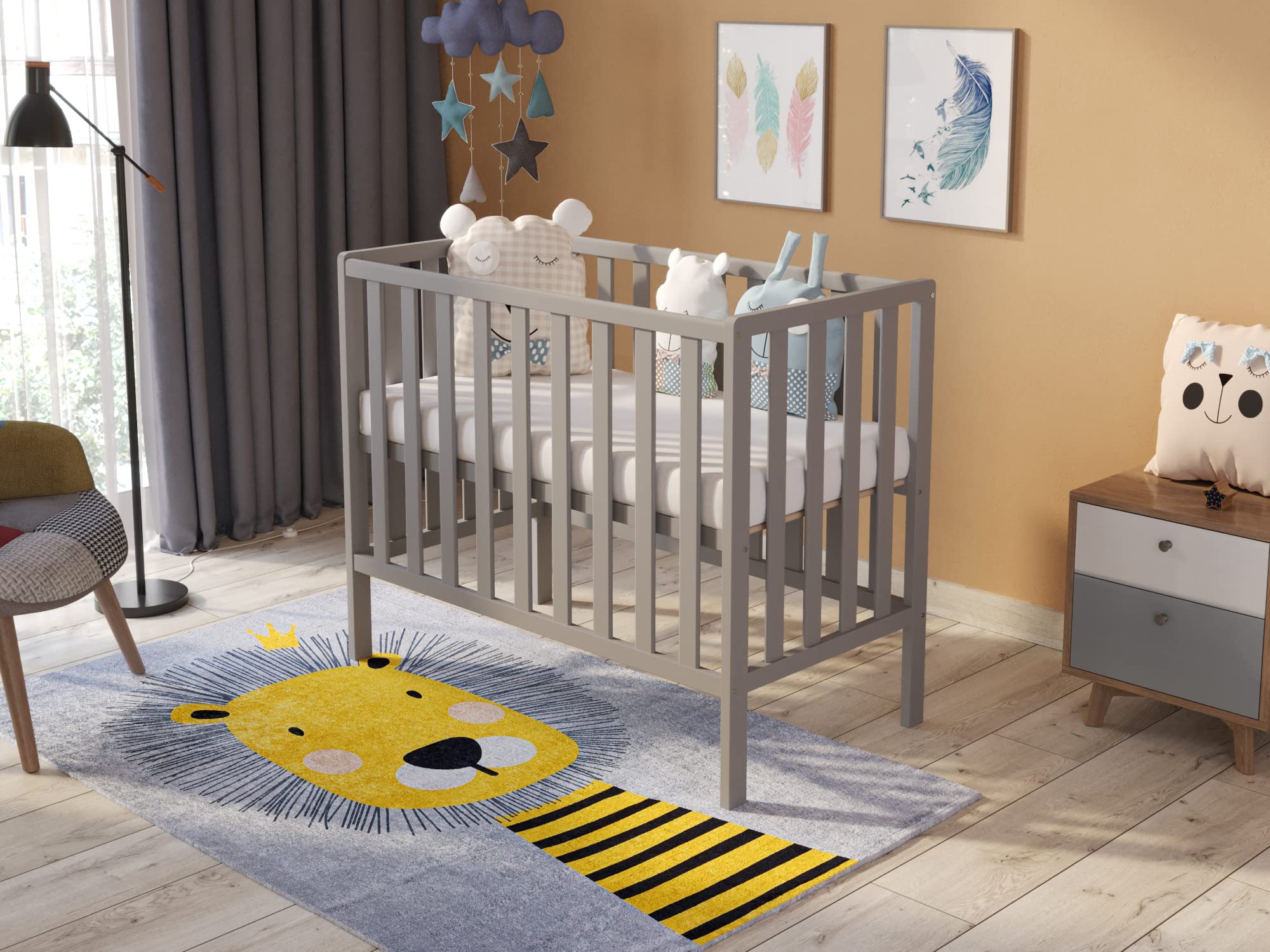 Love For Sleep Mini Cuna Bebe de Madera Gris 100x50 cm con Colchón Acolchado – Cuna Compacta para Bebé Que Ahorra Espacio