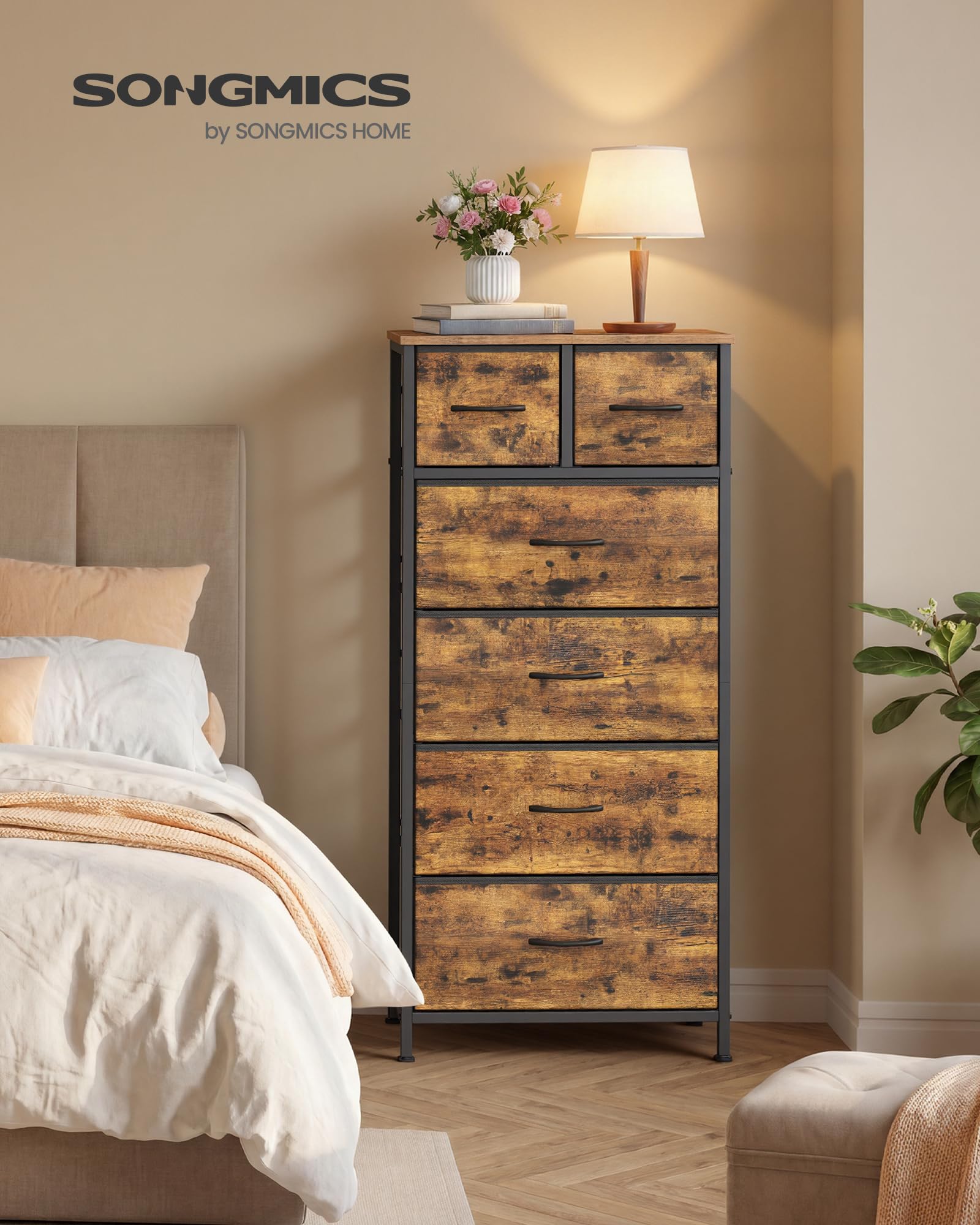 SONGMICS Komoda z 6 Szufladami z Materiału, Szafka do Przechowywania, Stalowa Rama, 50,6 x 30 x 117,7 cm, do Sypialni, Salonu, Przedpokoju, Rustykalny Brąz, Kolekcja BELLAH LGS541K101