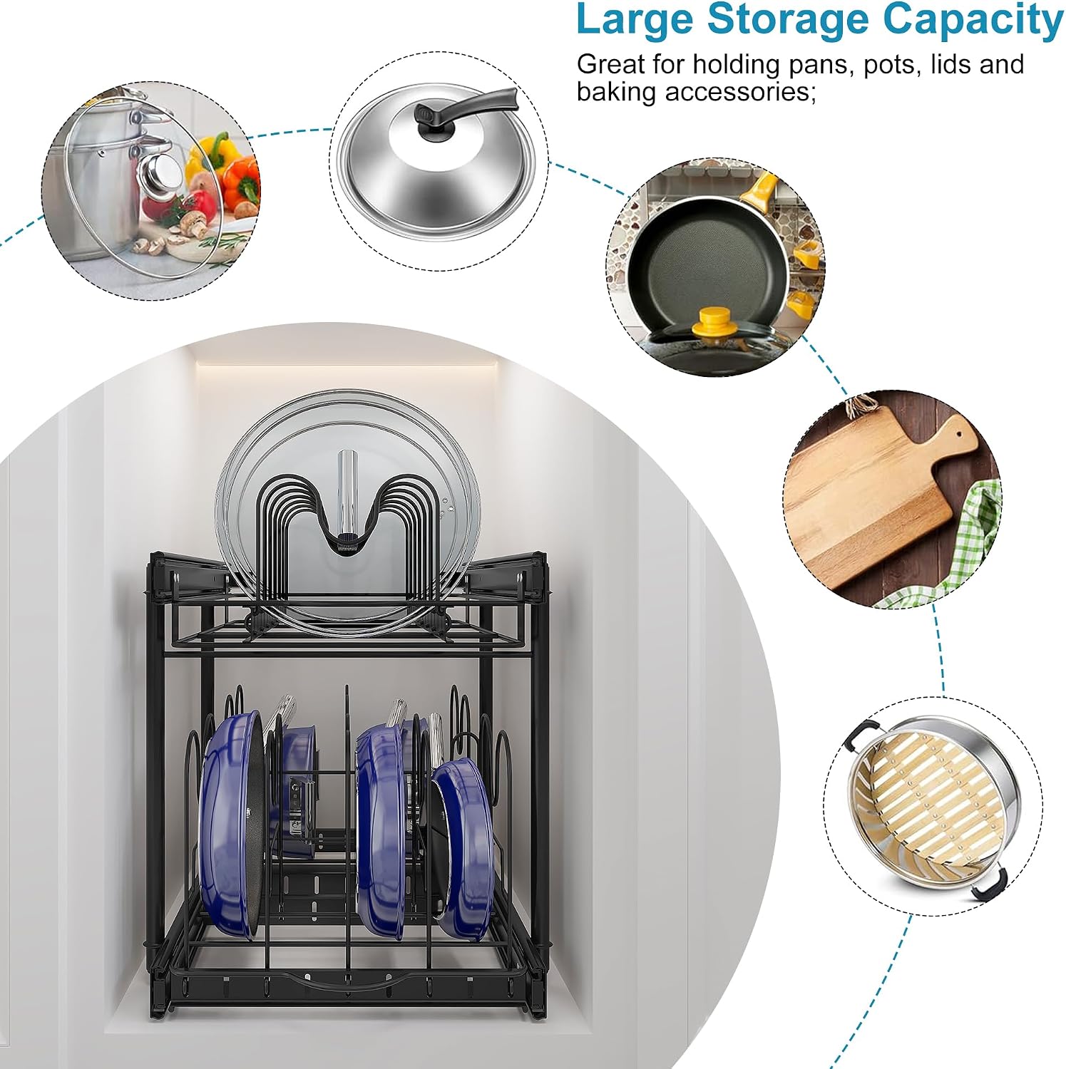 TQVAI Pots and Pans Organizer, Full-Extension Pull Out Cabinet Organizer, Slide Out Drawers for Kitchen Cabinets with Adjustable Dividers, Request at Least 15.5" W x 23.5" D x 23.5" H Opening - Black